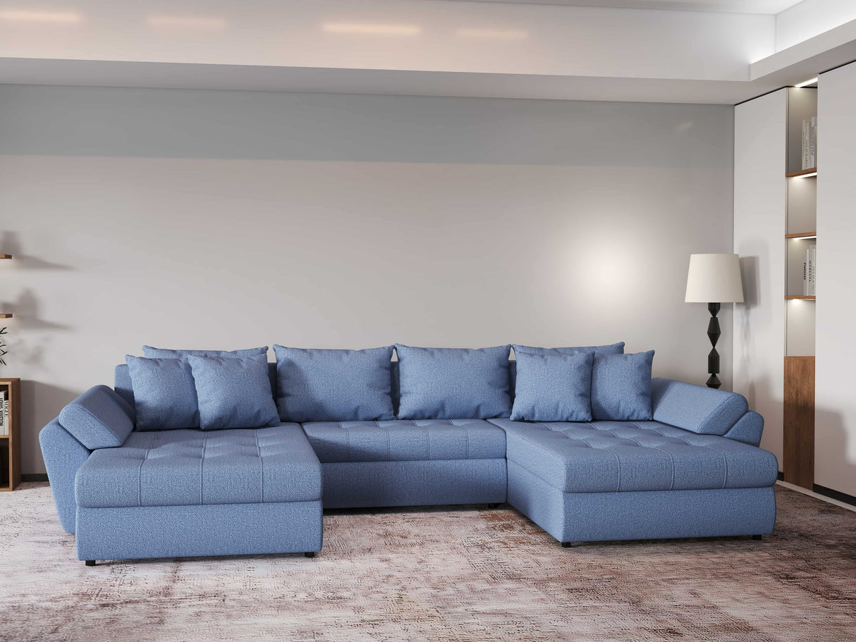 Colțar extensibil  dumonde cu ladă de depozitare si sezut confortabil din spuma HR, Loana Blue U 355x185 cm Fabrica
