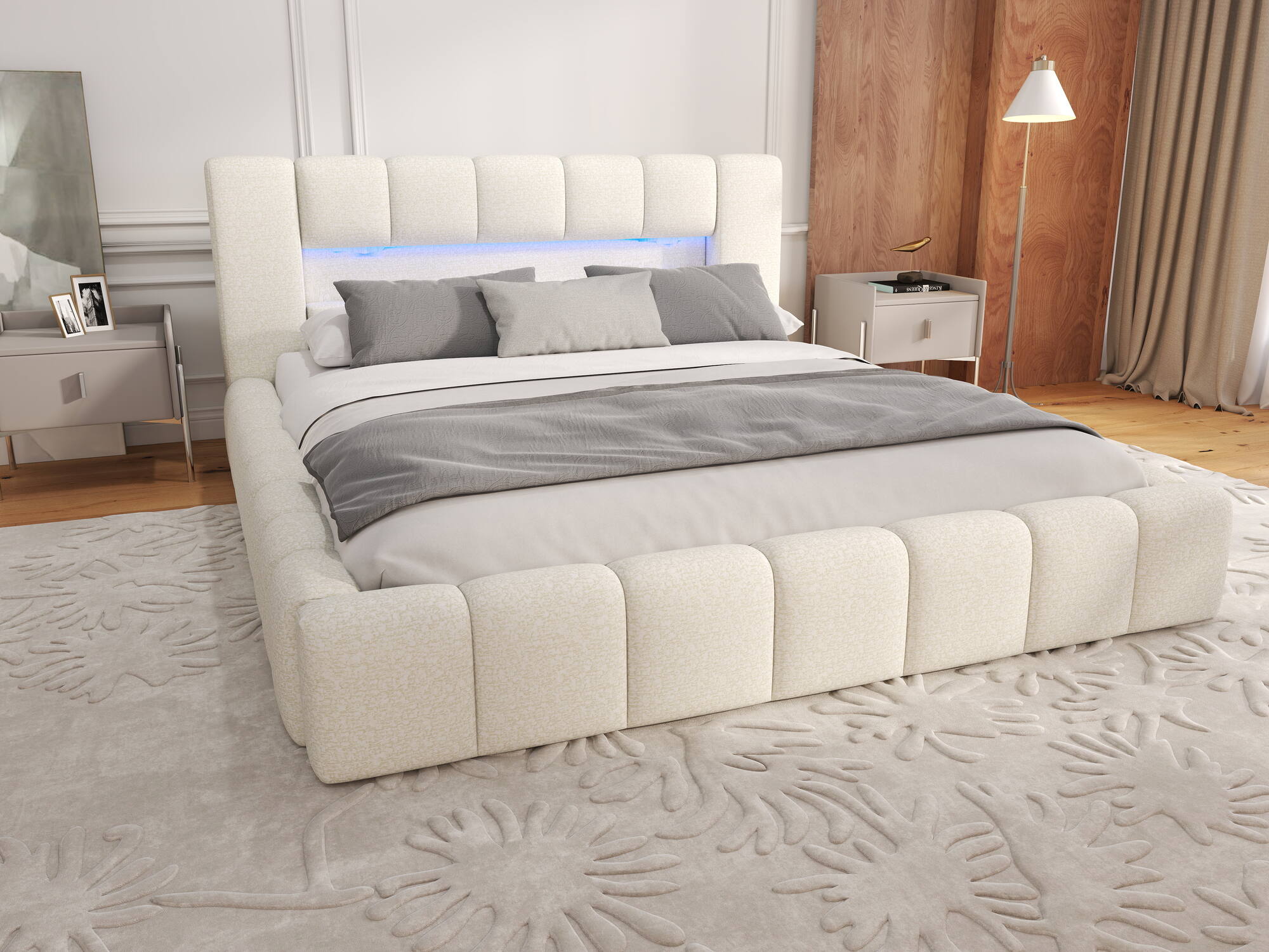 Pat dormitor dumonde, tapitat bej, Palermo 180x200 cm, somiera rabatabila inclusa, spatiu depozitare