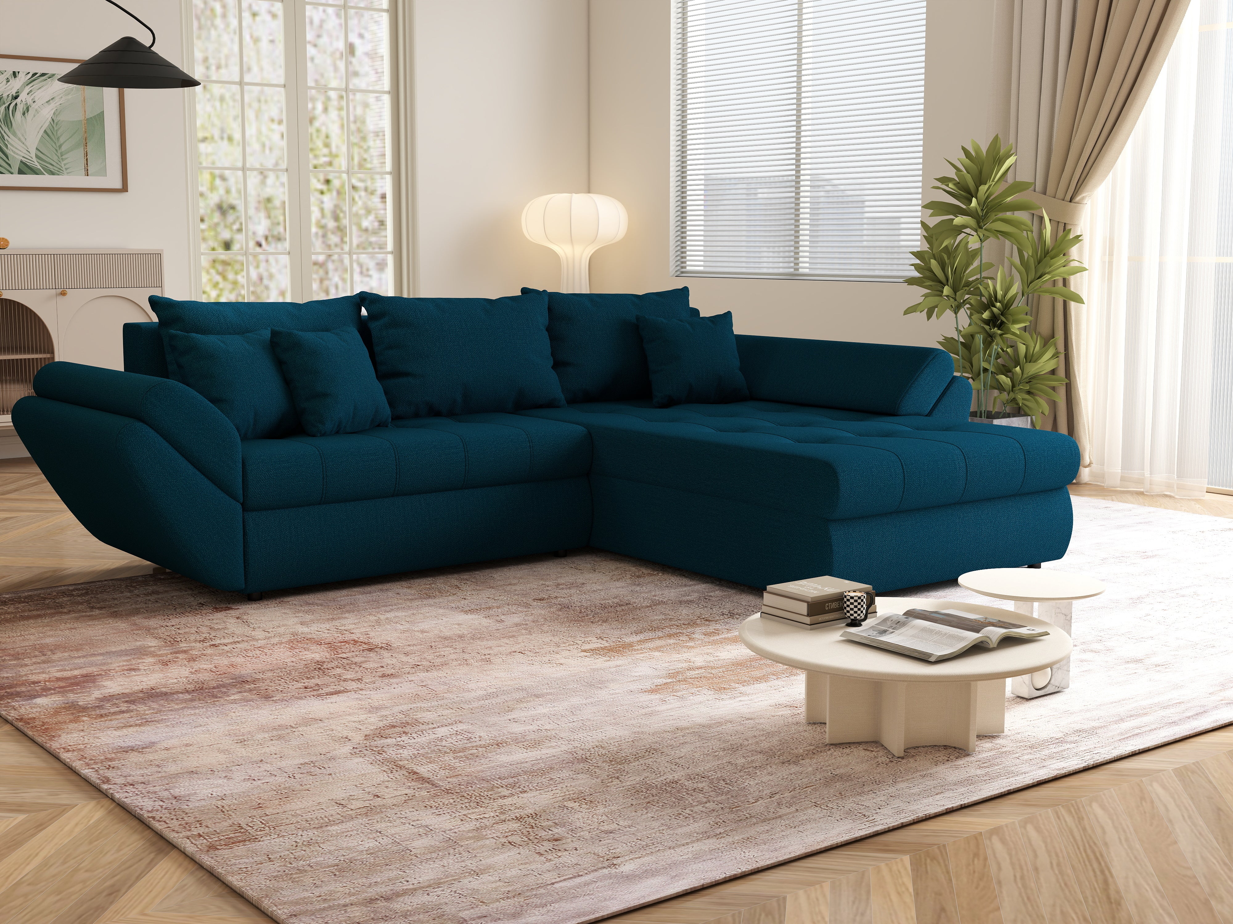 Colțar extensibil dumonde cu ladă de depozitare si sezut confortabil din spuma HR, Loana Petrol Green II 270x185 cm Fabrica