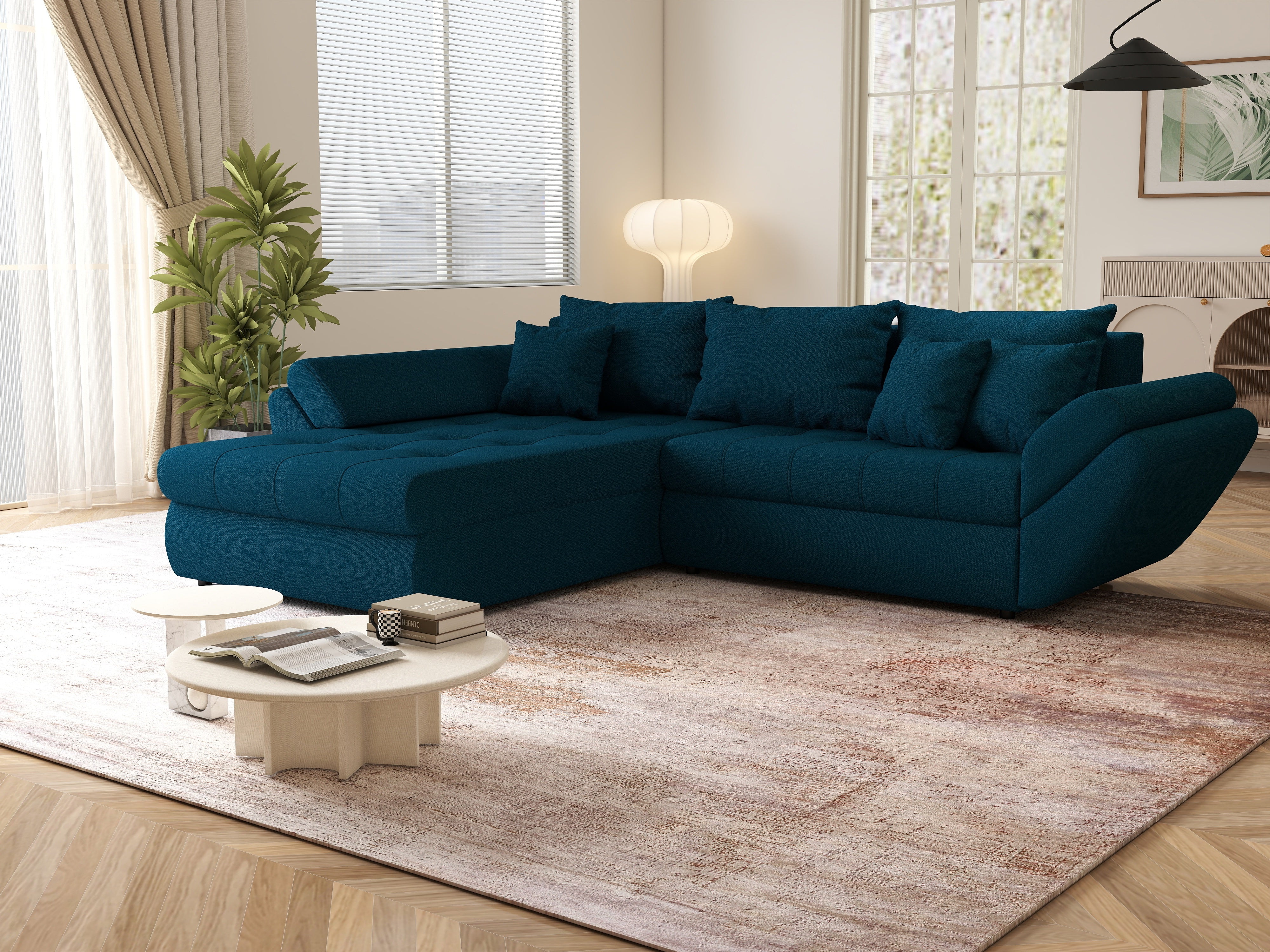 Colțar extensibil dumonde cu ladă de depozitare si sezut confortabil din spuma HR, Loana Petrol Green 270x185 cm Fabrica