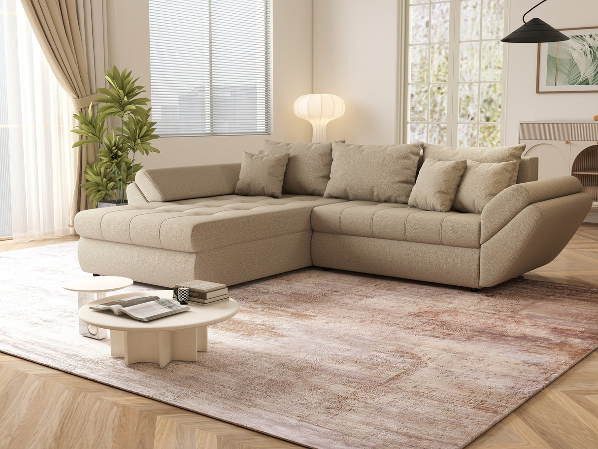 Colțar extensibil dumonde cu ladă de depozitare si sezut confortabil din spuma HR, Loana Camel 270x185 cm Fabrica