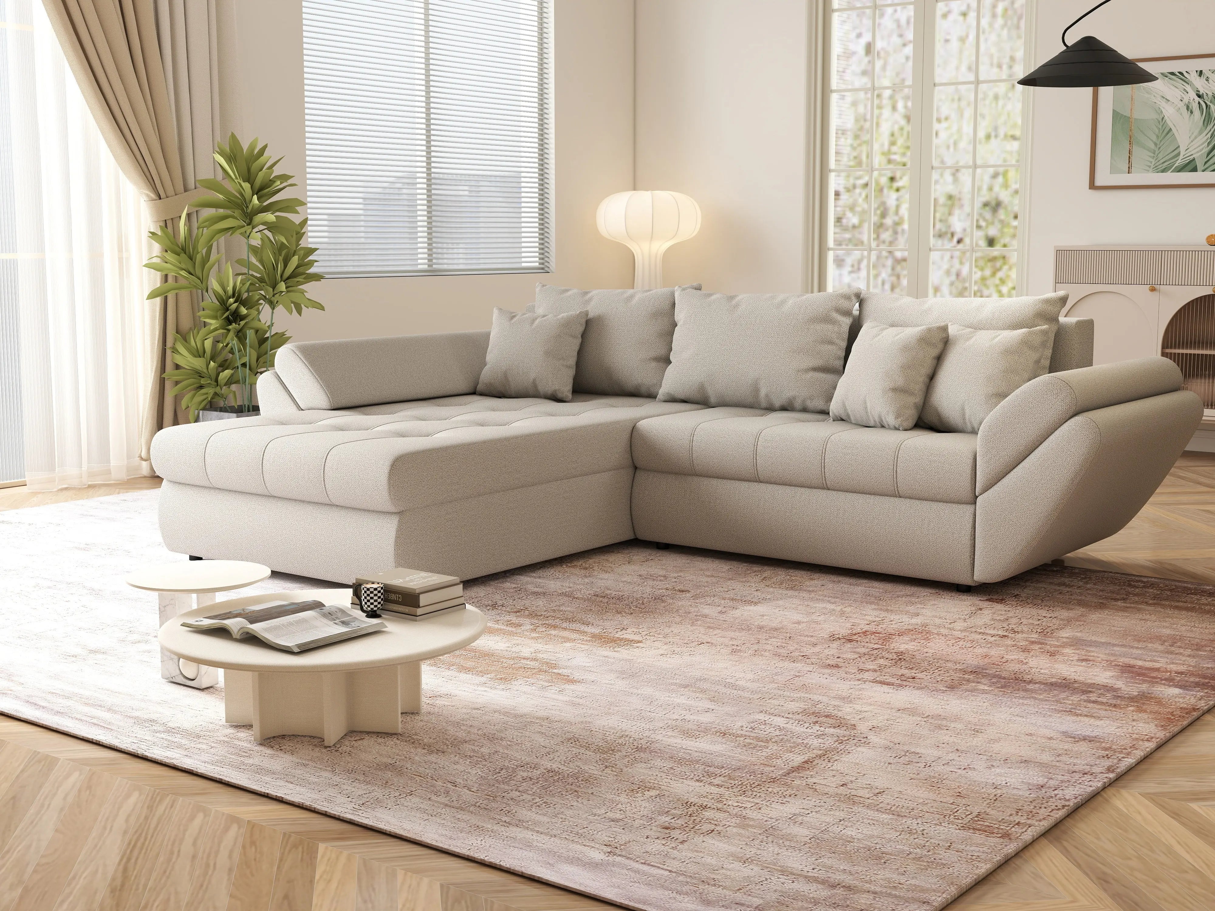 Colțar extensibil dumonde cu ladă de depozitare si sezut confortabil din spuma HR, Loana Bej 270x185 cm Fabrica