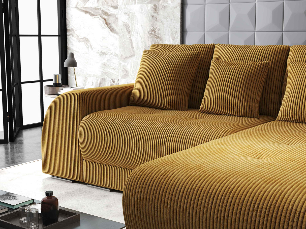 Colțar extensibil dumonde cu ladă de depozitare si sezut confortabil din spuma HR, Verona Zoom Mustar II 290x185 cm Fabrica