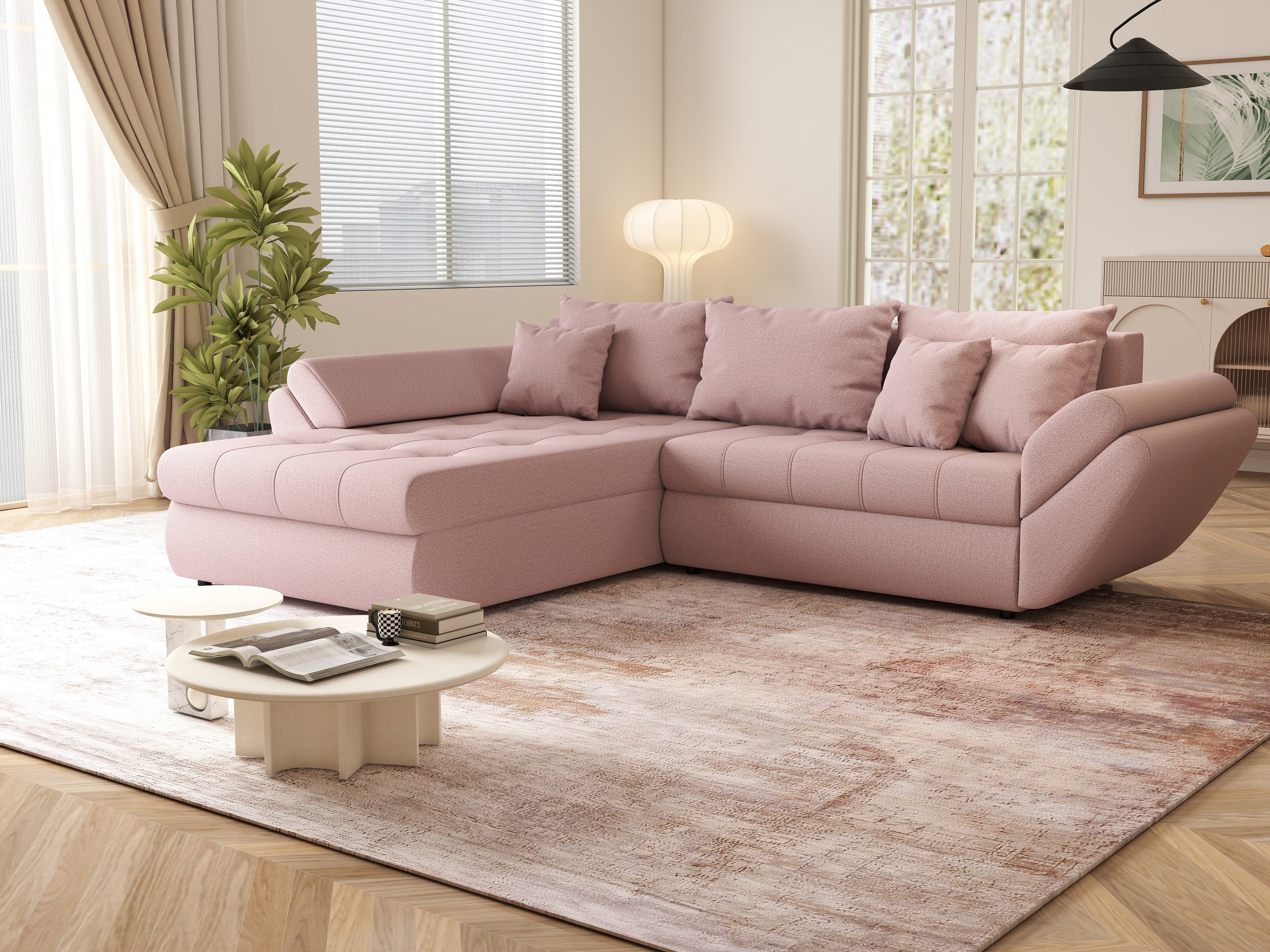 Colțar extensibil dumonde cu ladă de depozitare si sezut confortabil din spuma HR, Loana Roz 270x185 cm Fabrica