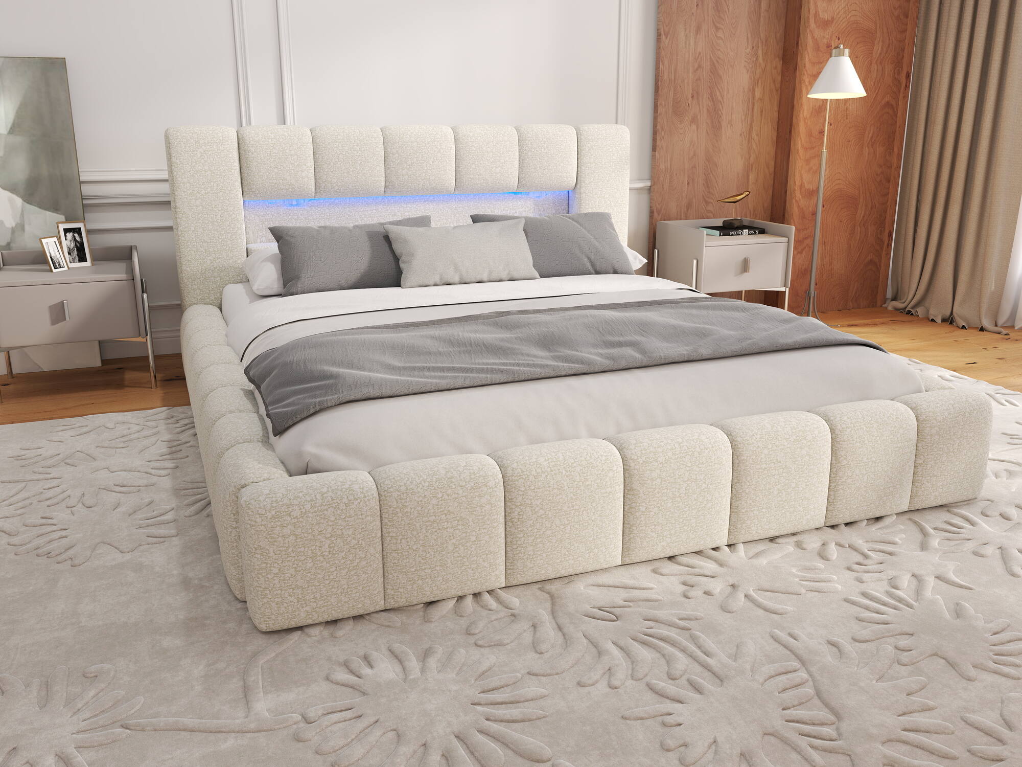 Pat dormitor dumonde, tapitat bej, Palermo 180x200 cm, somiera rabatabila inclusa, spatiu depozitare