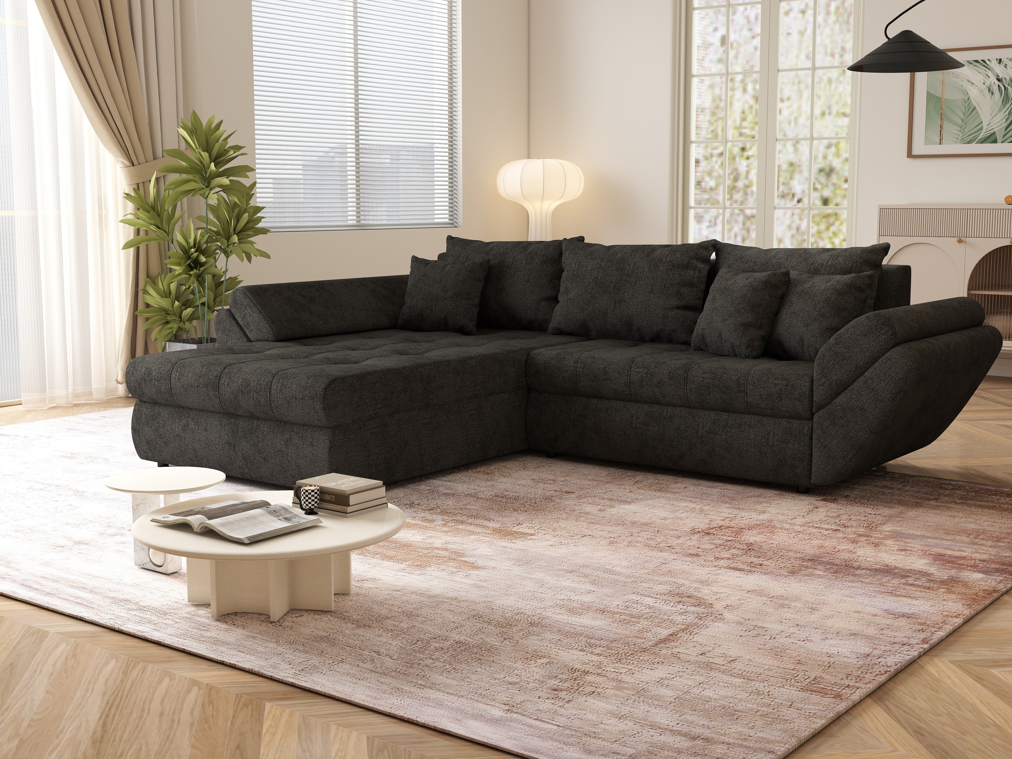 Colțar extensibil dumonde cu ladă de depozitare si sezut confortabil din spuma HR, Loana Negru II 270x185 cm Fabrica