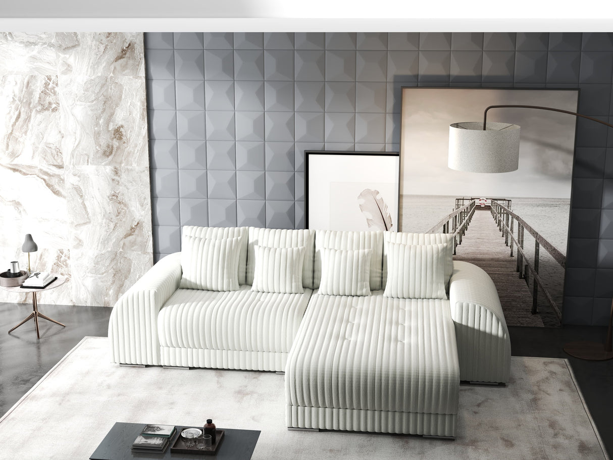 Colțar extensibil dumonde cu ladă de depozitare si sezut confortabil din spuma HR, Verona Ambience Alb II 290x185 cm Fabrica