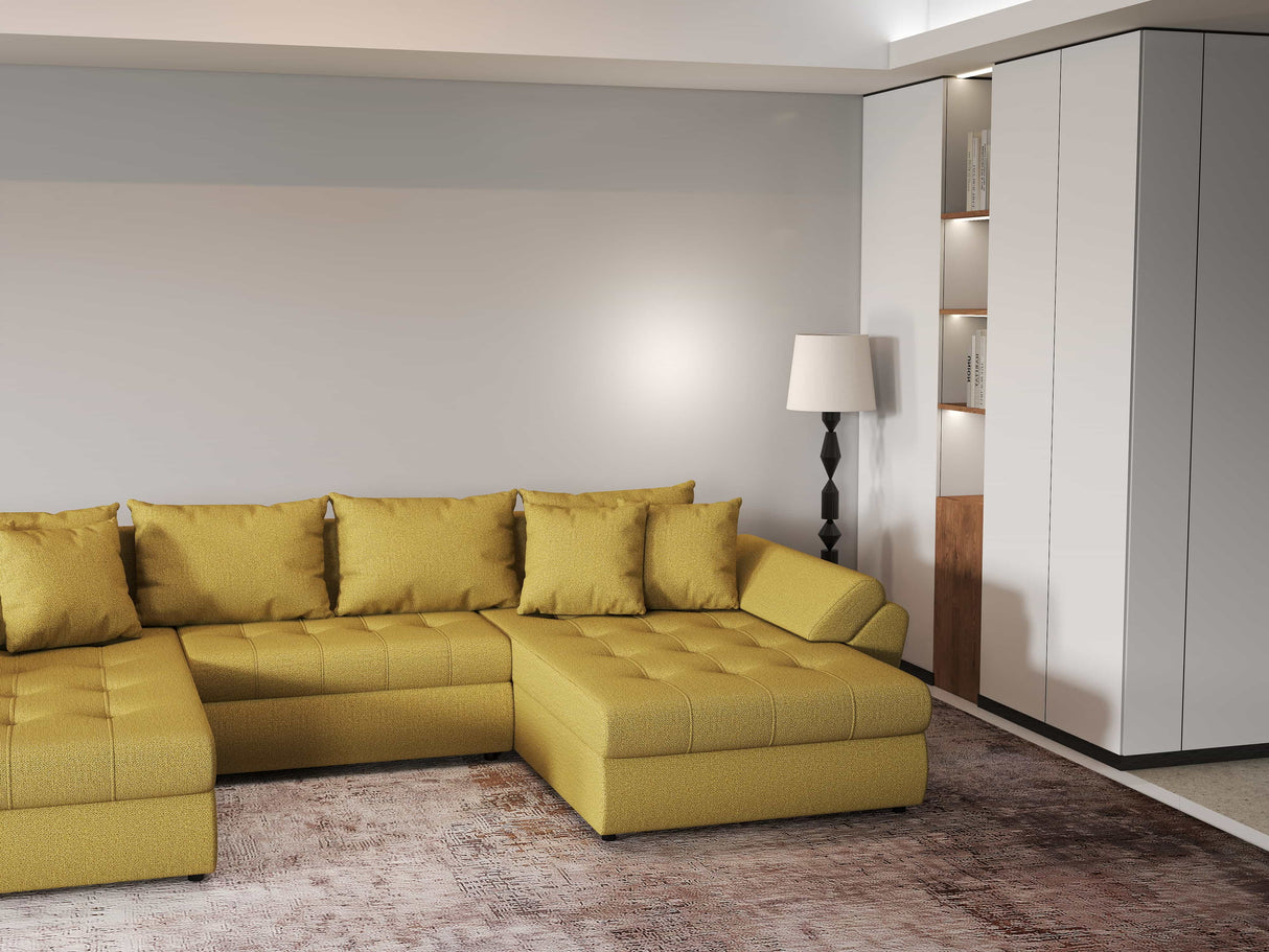 Colțar extensibil dumonde cu ladă de depozitare si sezut confortabil din spuma HR, Loana U Melon 355x185 cm Fabrica
