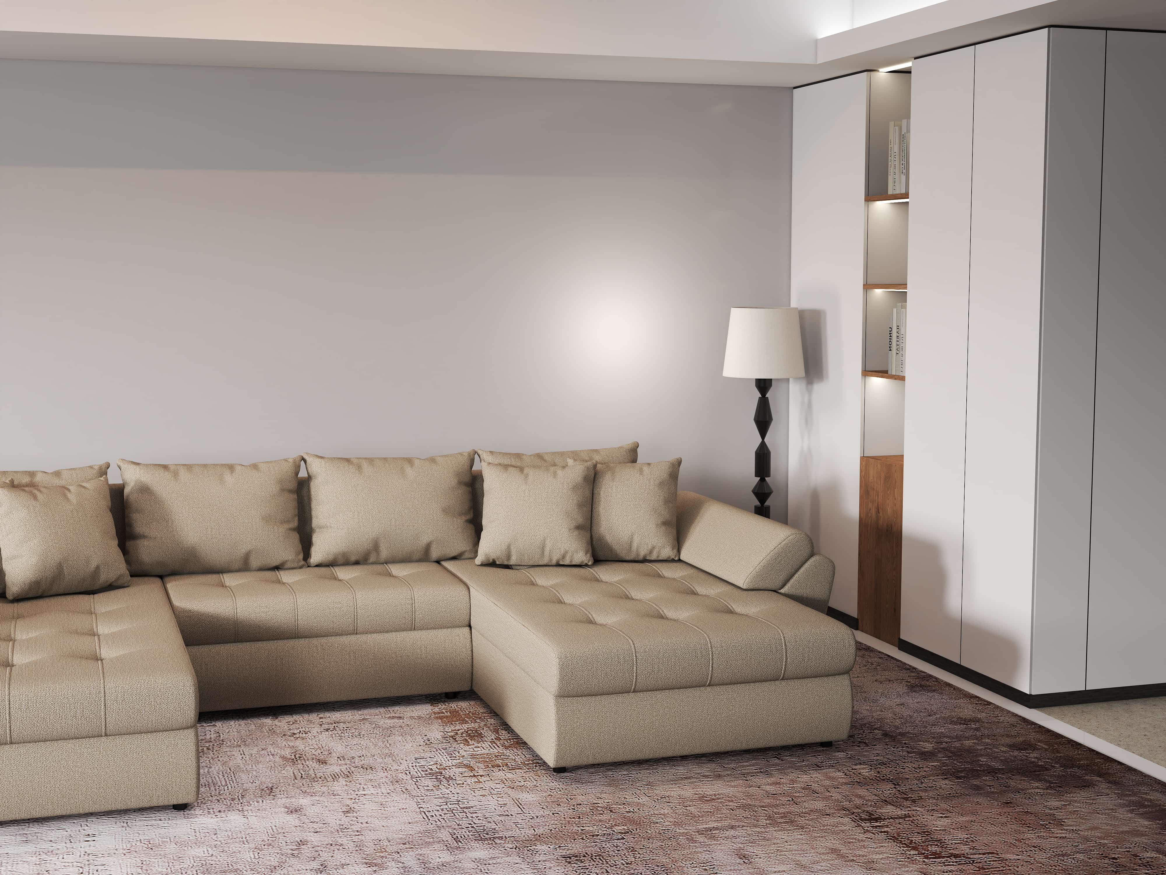 Colțar extensibil dumonde cu ladă de depozitare si sezut confortabil din spuma HR, Loana Bej U 355x185 cm Fabrica