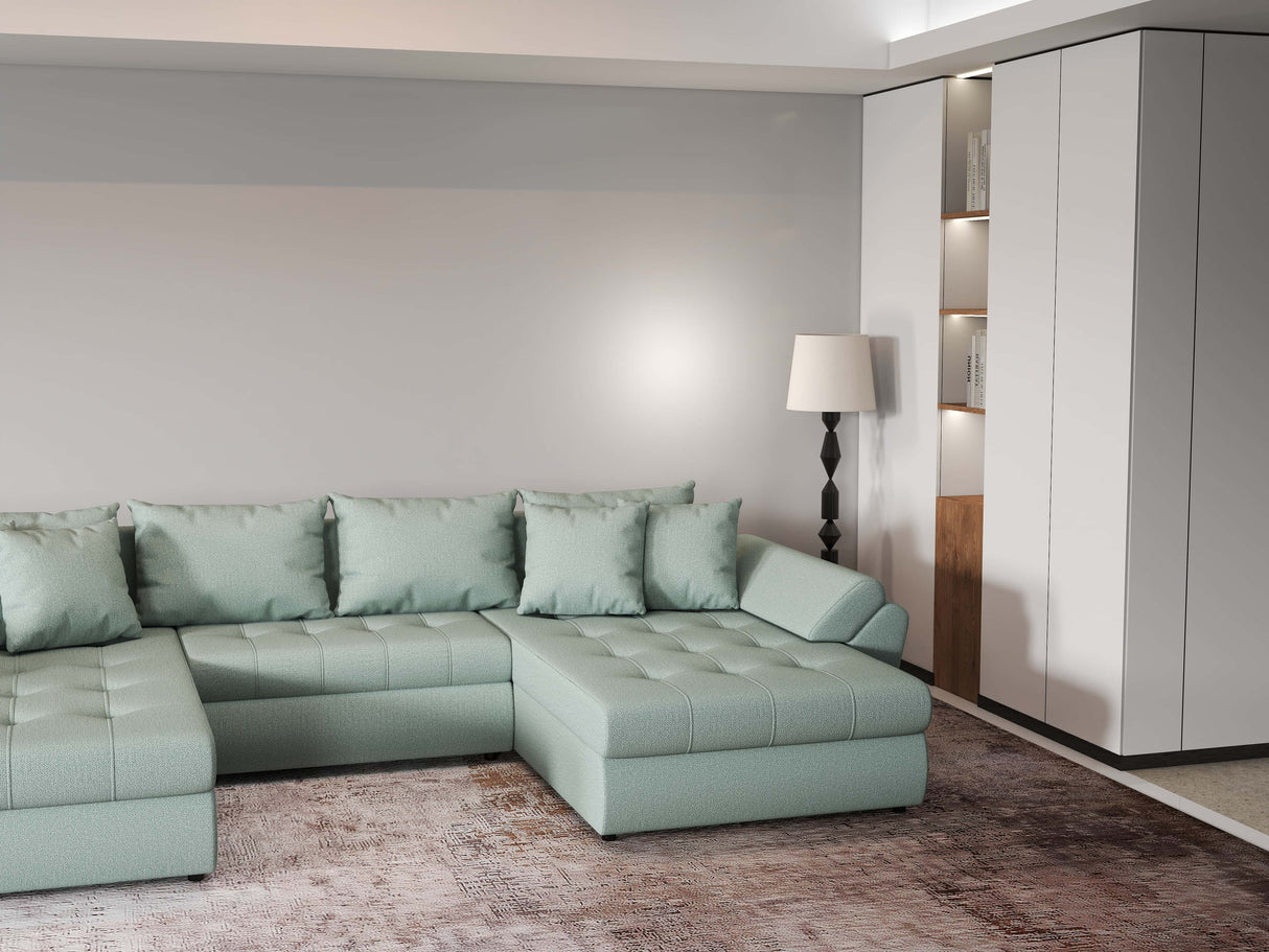 Colțar extensibil dumonde cu ladă de depozitare si sezut confortabil din spuma HR, Loana Enjoy Verde Mint U 355x185 cm Fabrica