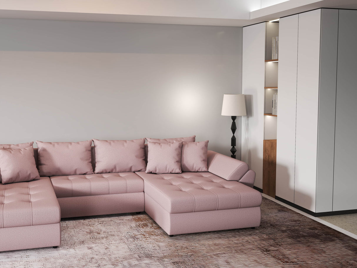 Colțar extensibil dumonde cu ladă de depozitare si sezut confortabil din spuma HR, Loana Enjoy Roz U 355x185 cm Fabrica