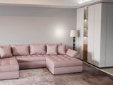 Colțar extensibil dumonde cu ladă de depozitare si sezut confortabil din spuma HR, Loana Enjoy Roz U 355x185 cm Fabrica