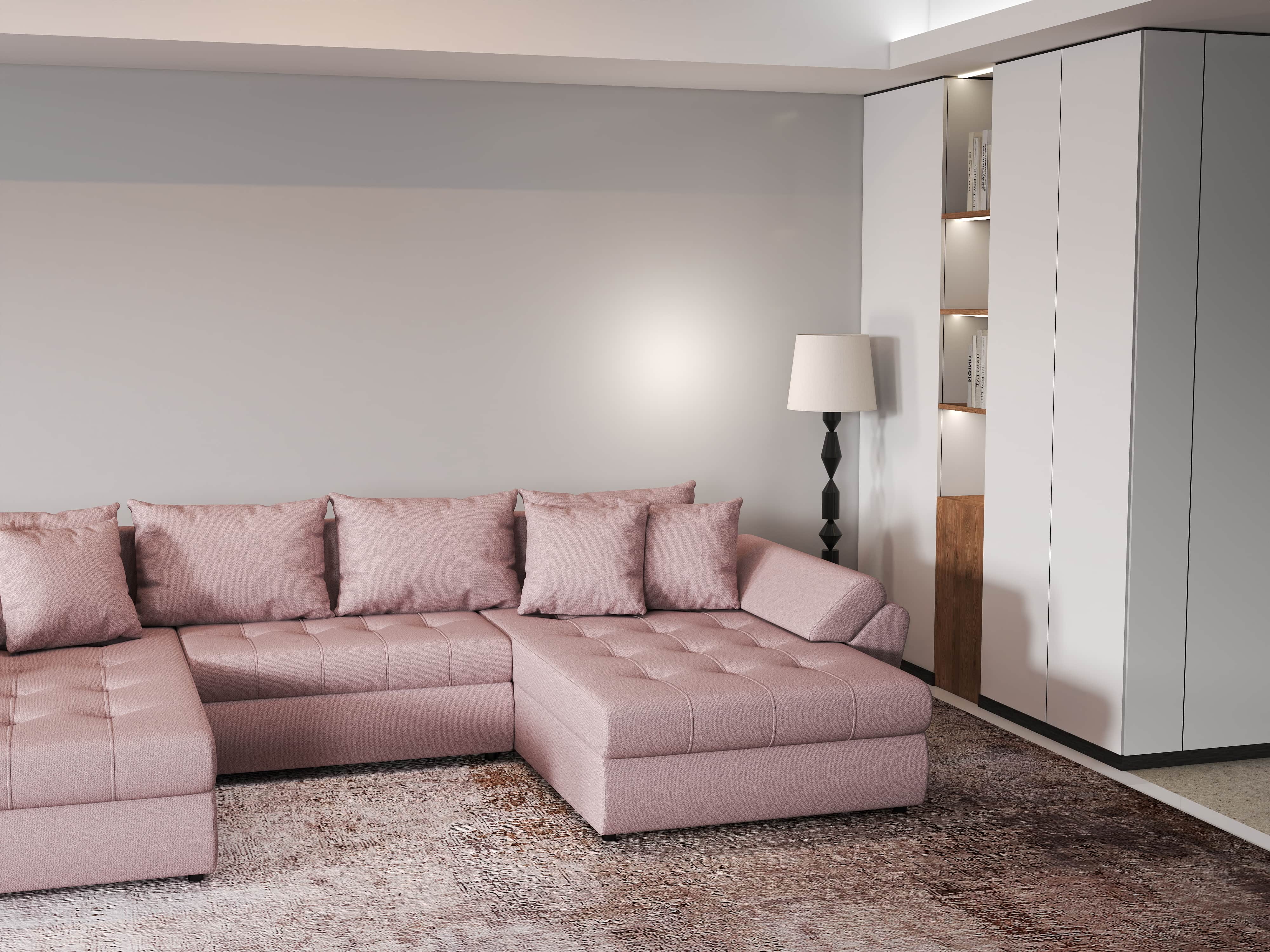 Colțar extensibil dumonde cu ladă de depozitare si sezut confortabil din spuma HR, Loana Enjoy Roz U 355x185 cm Fabrica