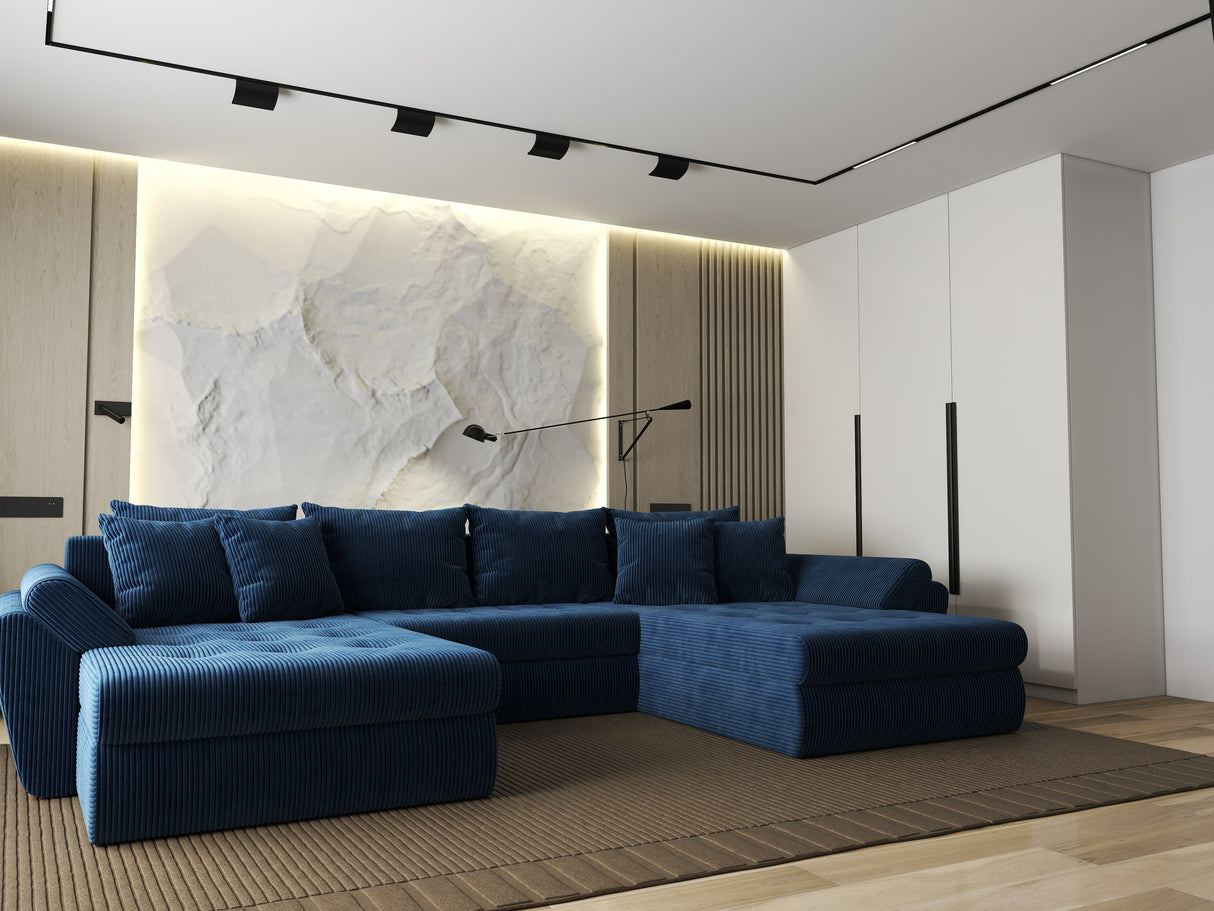 Colțar extensibil dumonde cu ladă de depozitare si sezut confortabil din spuma HR, Loana U Bleumarin Zoom 355x185 cm Fabrica