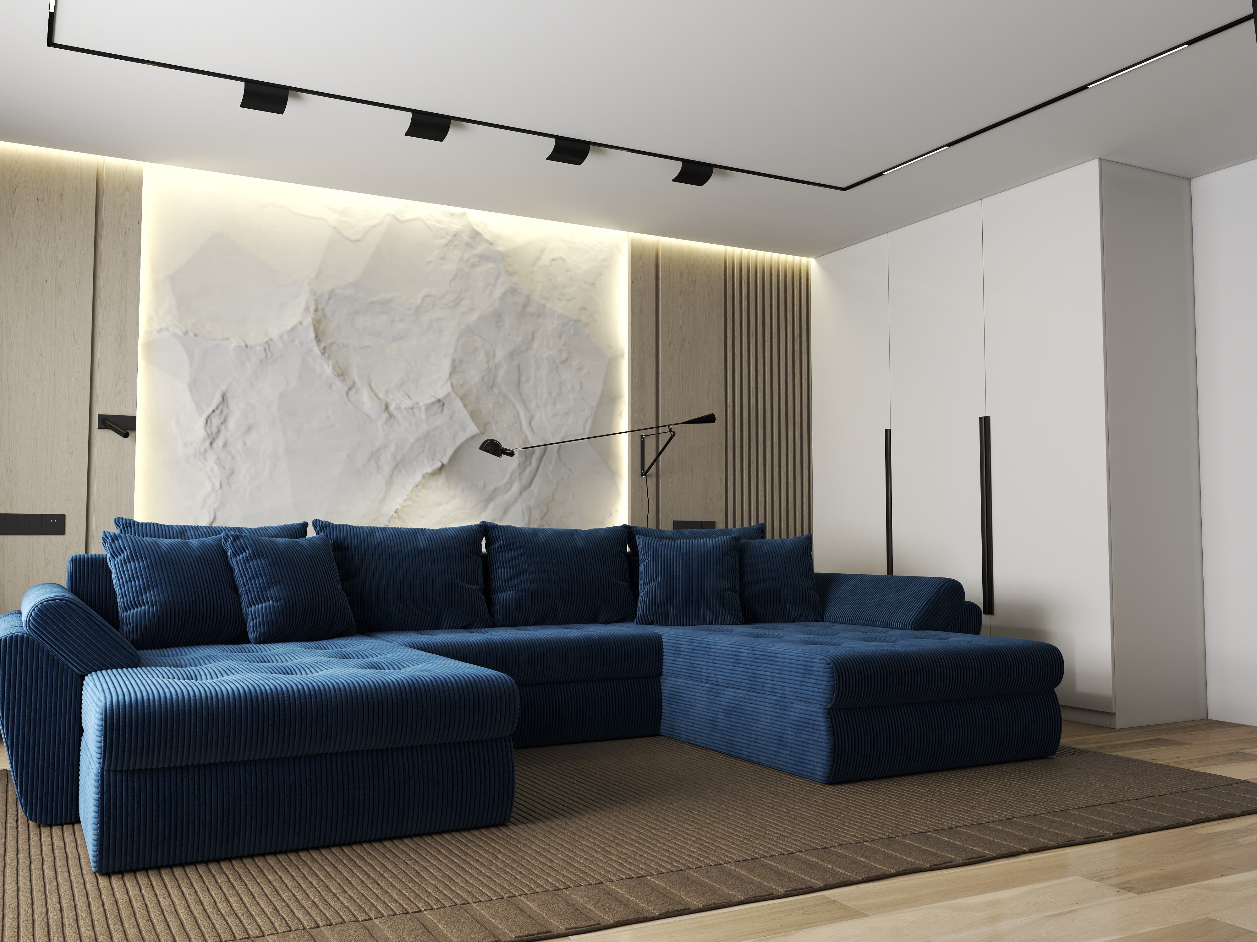 Colțar extensibil dumonde cu ladă de depozitare si sezut confortabil din spuma HR, Loana U Bleumarin Zoom 355x185 cm Fabrica