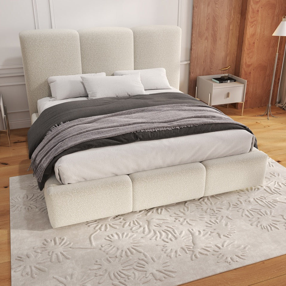 Pat dormitor dumonde, tapitat bej, Dinasty 180x200 cm, somiera rabatabila inclusa, spatiu depozitare