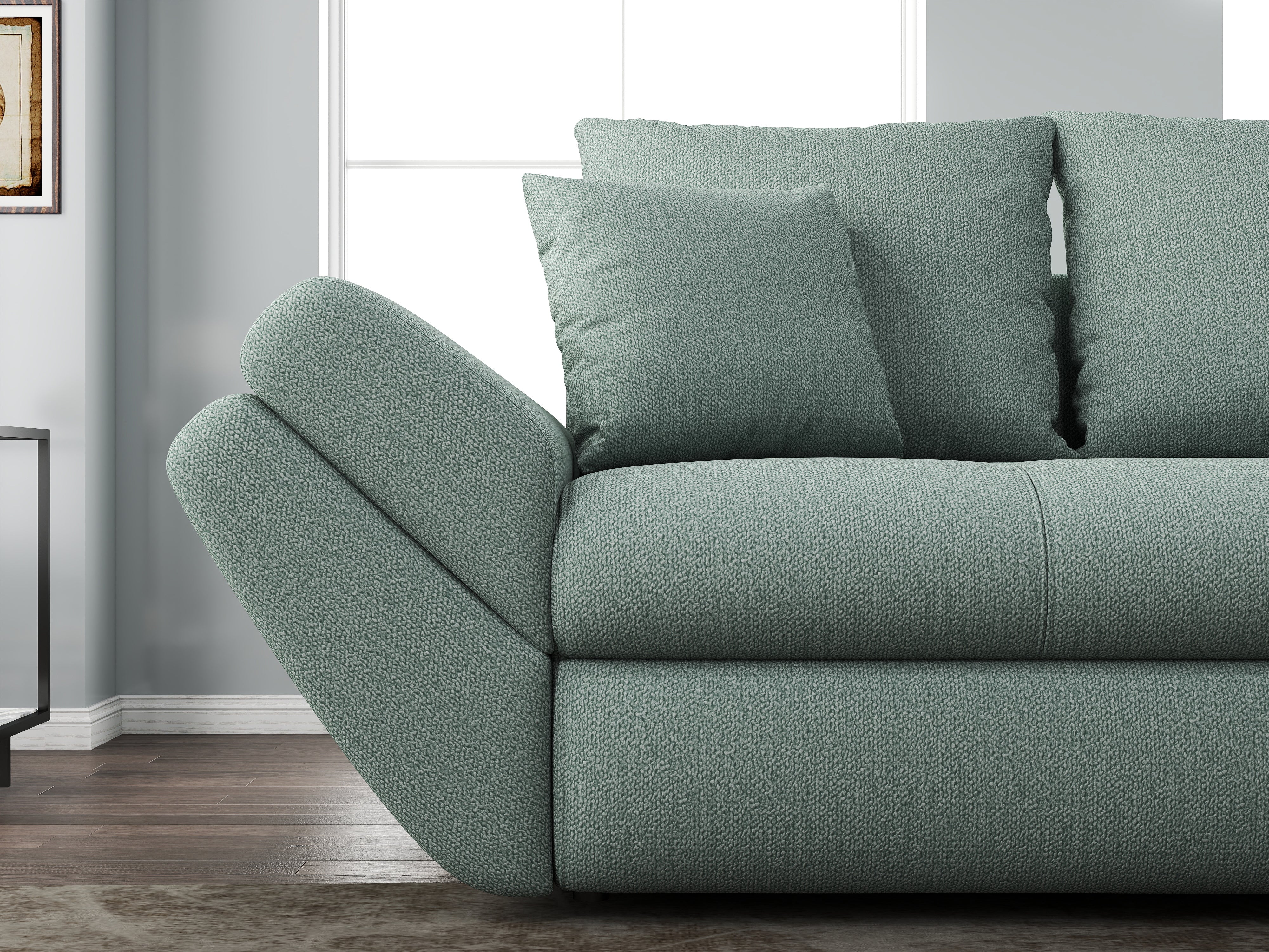 Canapea extensibilă dumonde cu ladă de depozitare si sezut confortabil din spuma HR, Loana Mint 250x100 cm Fabrica