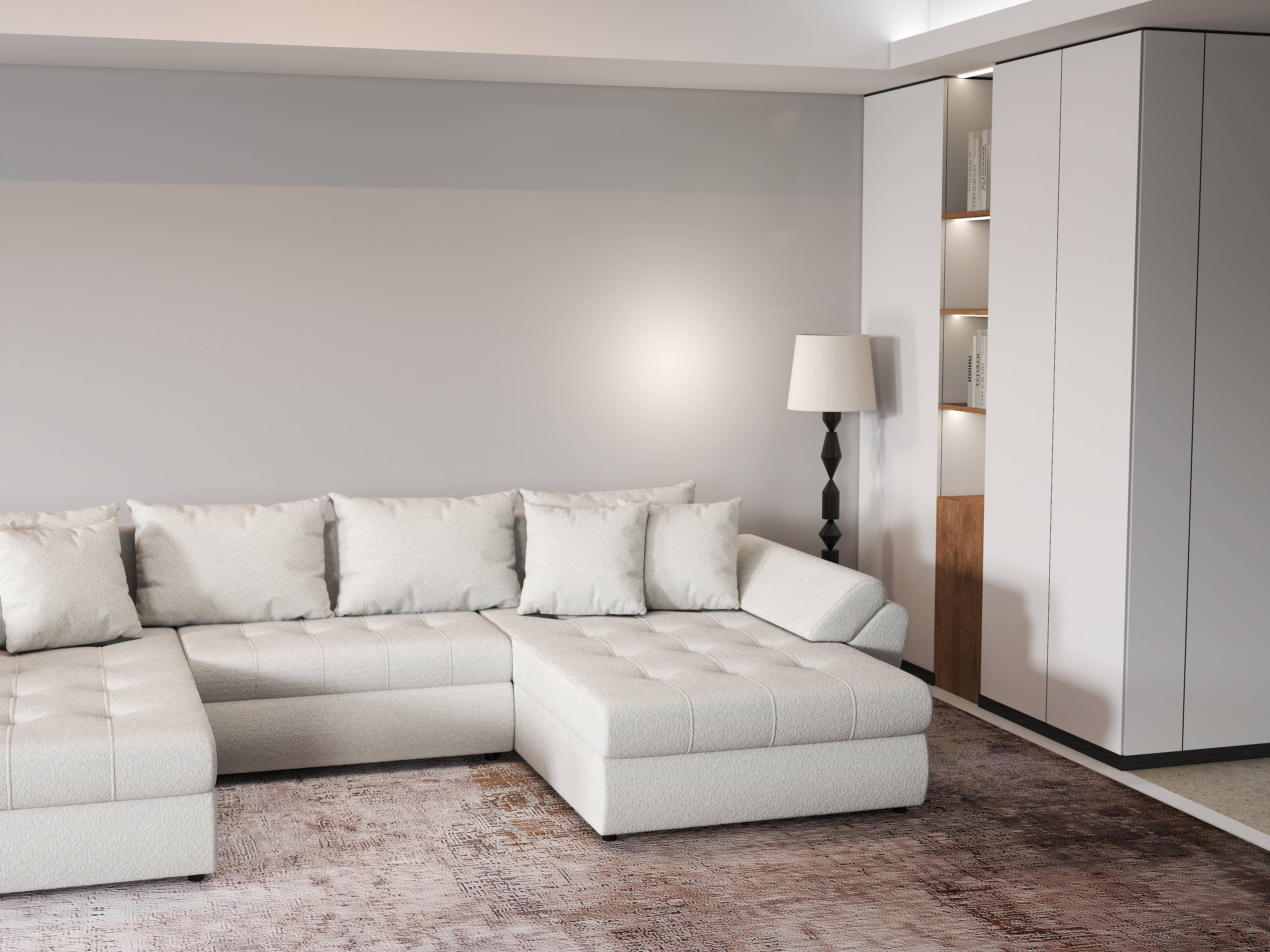 Colțar extensibil dumonde cu ladă de depozitare si sezut confortabil din spuma HR, Loana U Bej Euphoria 355x185 cm Fabrica
