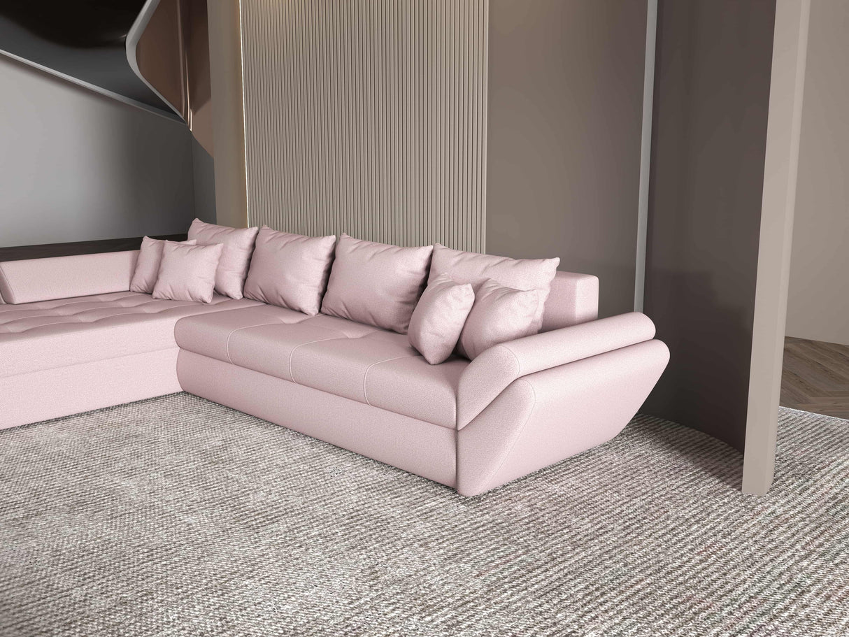 Colțar extensibil dumonde cu ladă de depozitare si sezut confortabil din spuma HR, Loana XL Enjoy Roz 335x185 cm Fabrica