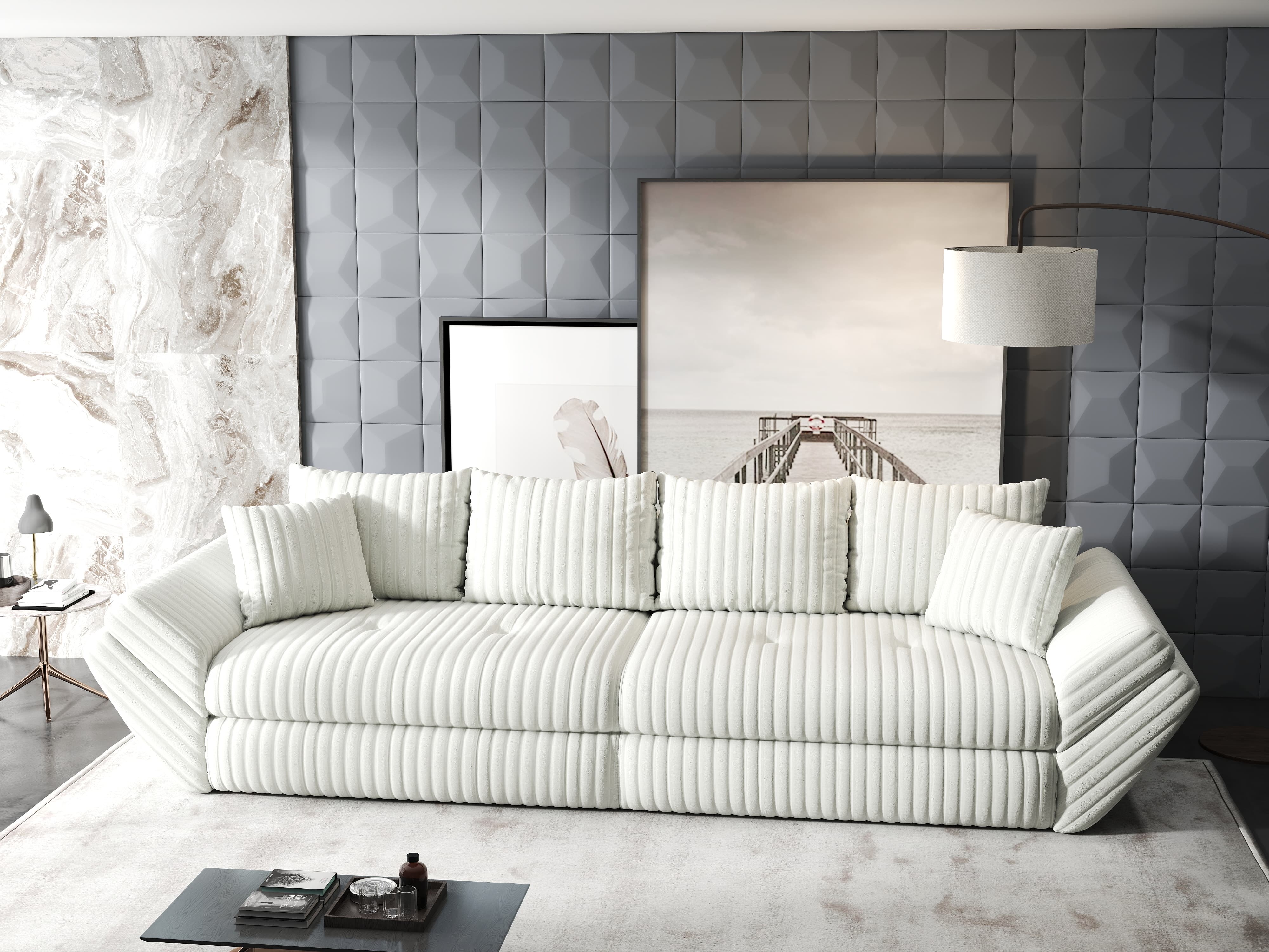 Canapea extensibilă dumonde cu ladă de depozitare si sezut confortabil din spuma HR, Loana Ambience Ivory 300x100 cm Fabrica