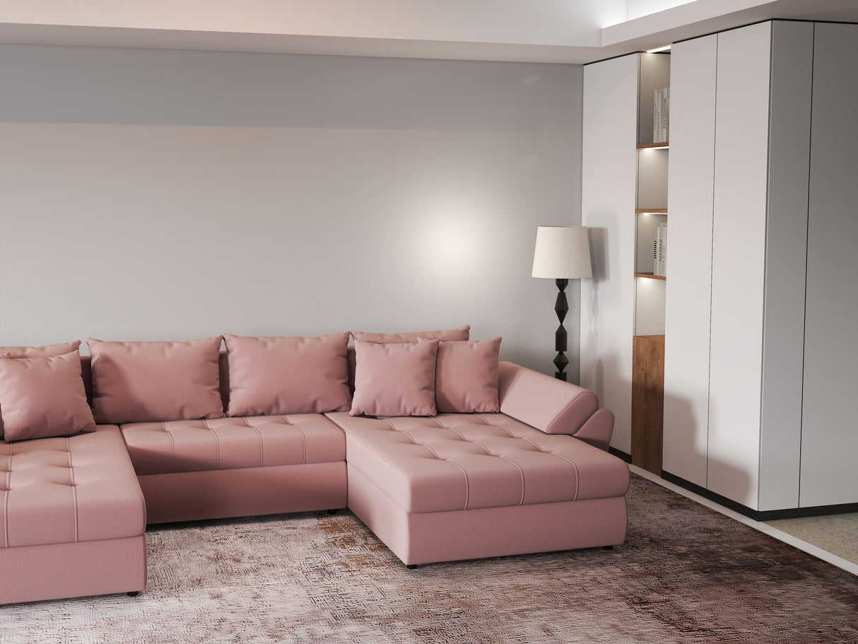 Colțar extensibil dumonde cu ladă de depozitare si sezut confortabil din spuma HR, Loana Royal Roz U 355x185 cm Fabrica