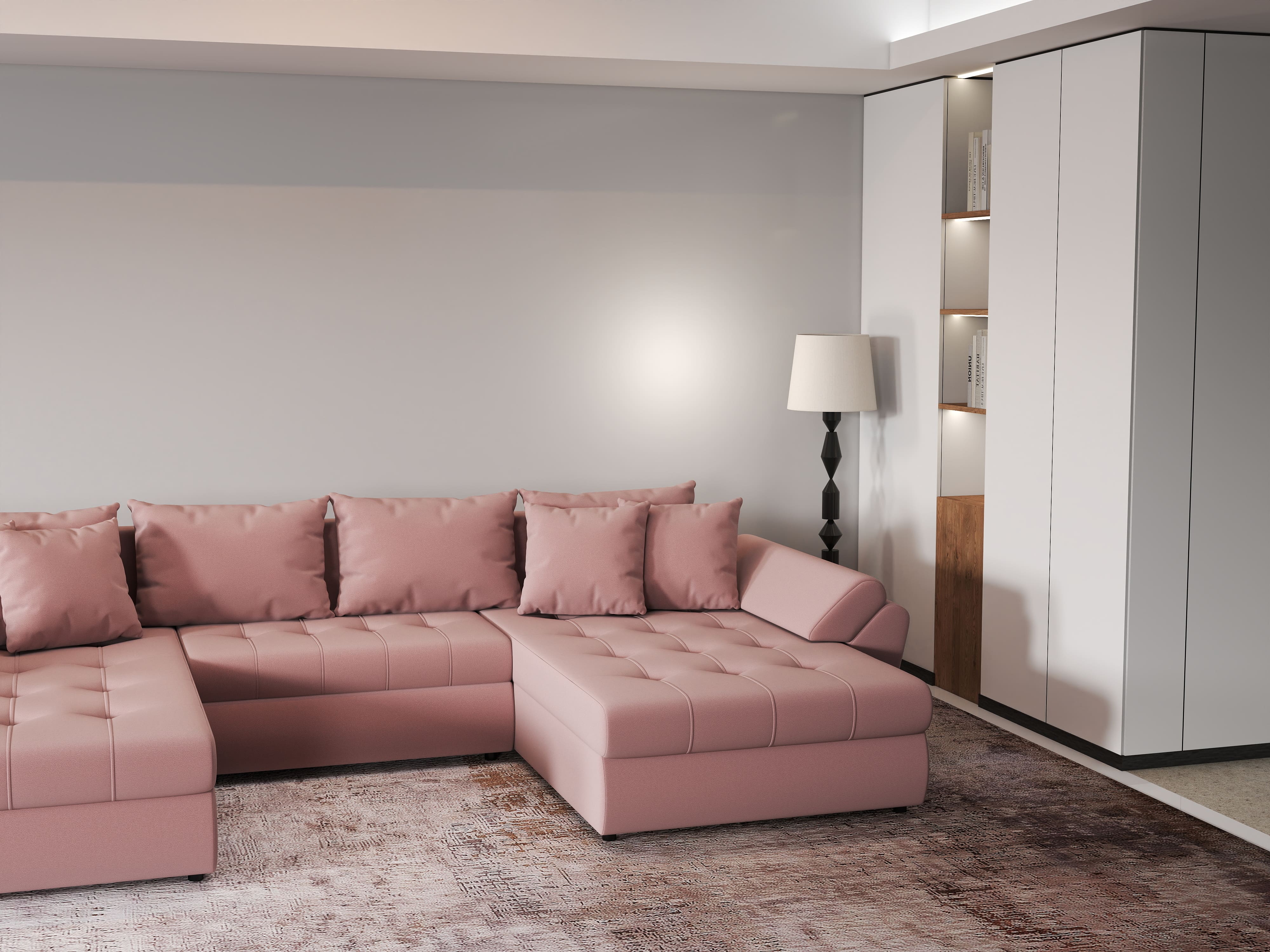 Colțar extensibil dumonde cu ladă de depozitare si sezut confortabil din spuma HR, Loana Royal Roz U 355x185 cm Fabrica