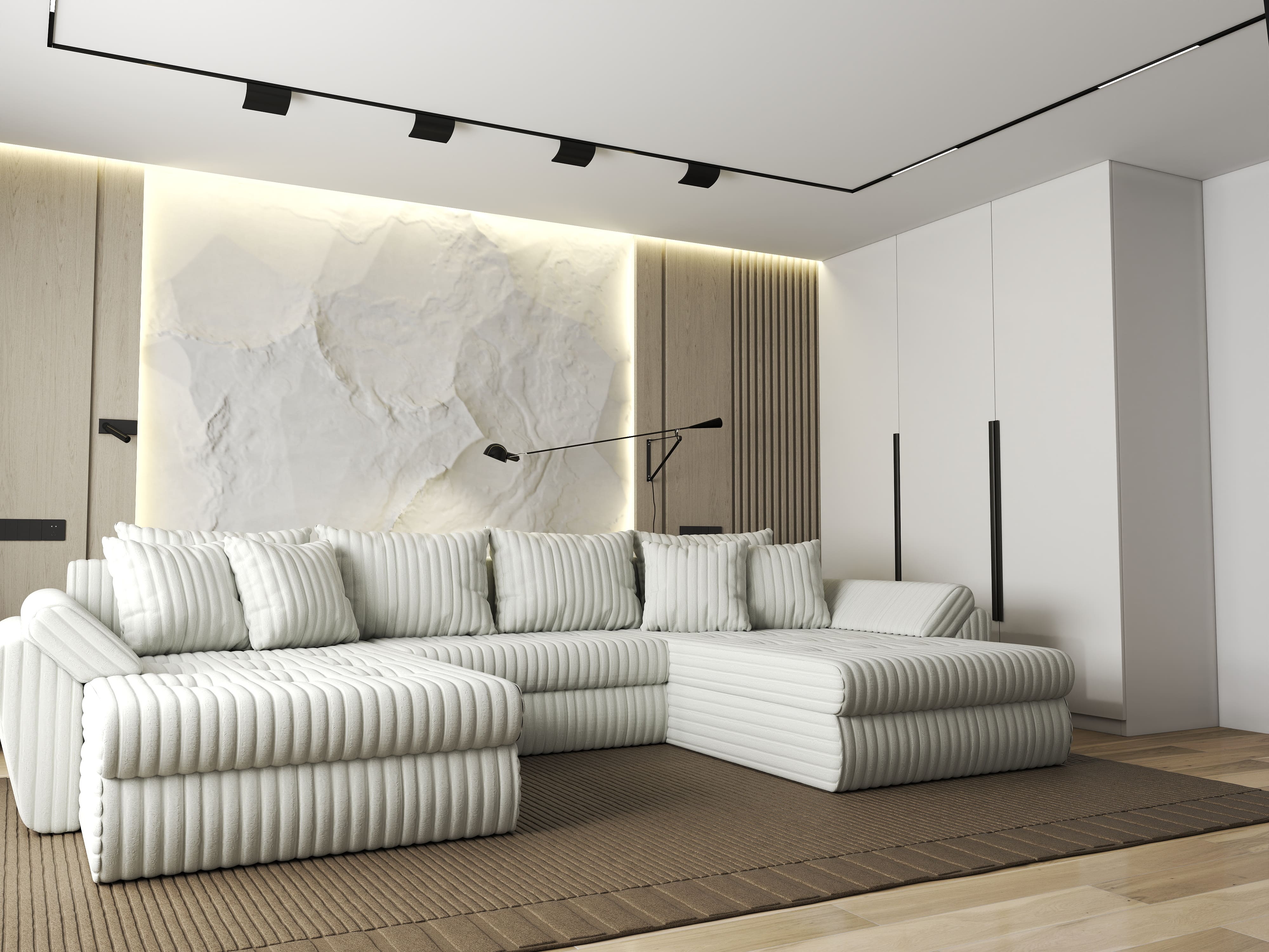 Colțar extensibil dumonde cu ladă de depozitare si sezut confortabil din spuma HR, Loana U Bej Ambience 355x185 cm Fabrica