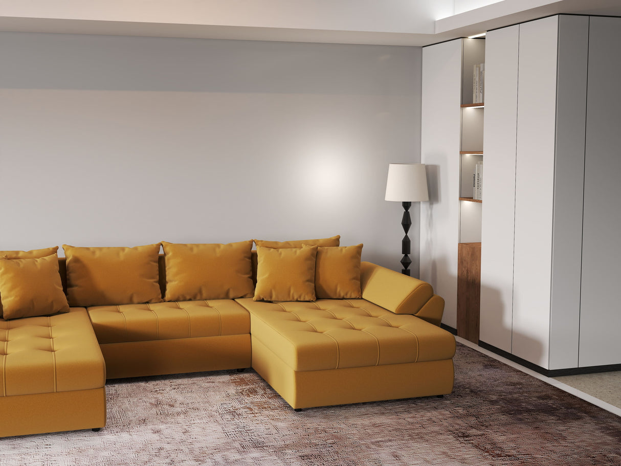 Colțar extensibil dumonde cu ladă de depozitare si sezut confortabil din spuma HR, Loana Royal Mustar U 355x185 cm Fabrica