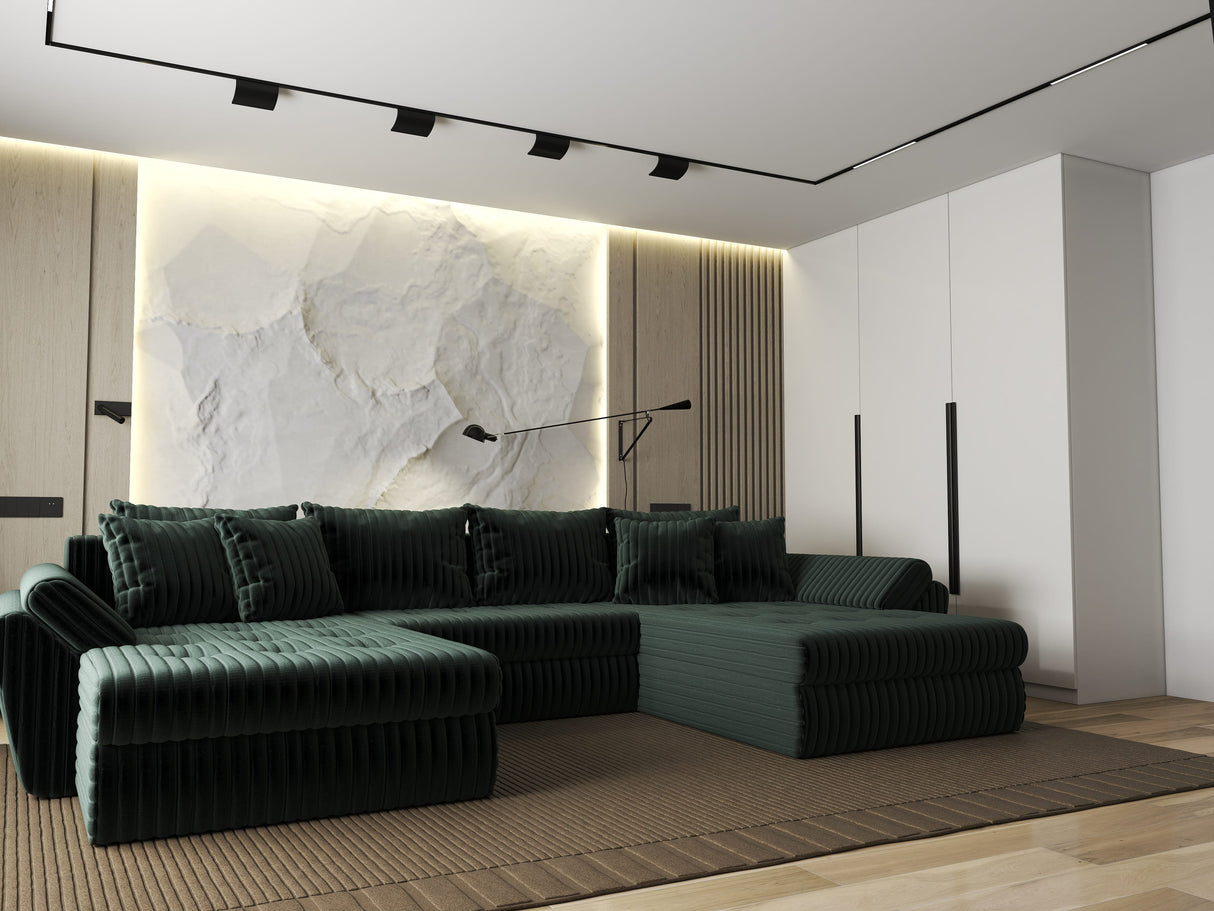 Colțar extensibil dumonde cu ladă de depozitare si sezut confortabil din spuma HR, Loana U Verde Ambience 355x185 cm Fabrica