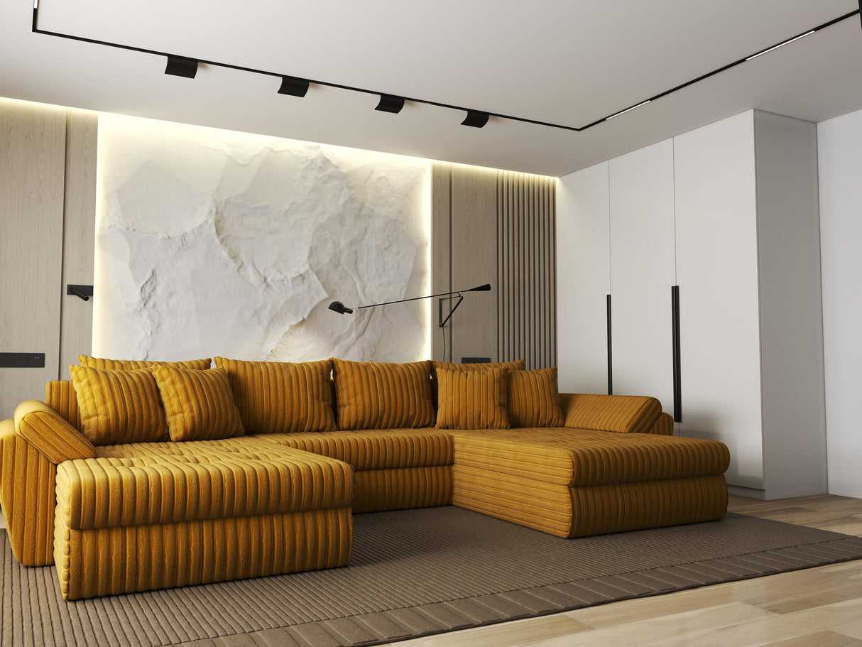 Colțar extensibil dumonde cu ladă de depozitare si sezut confortabil din spuma HR, Loana U Mustar Ambience 355x185 cm Fabrica