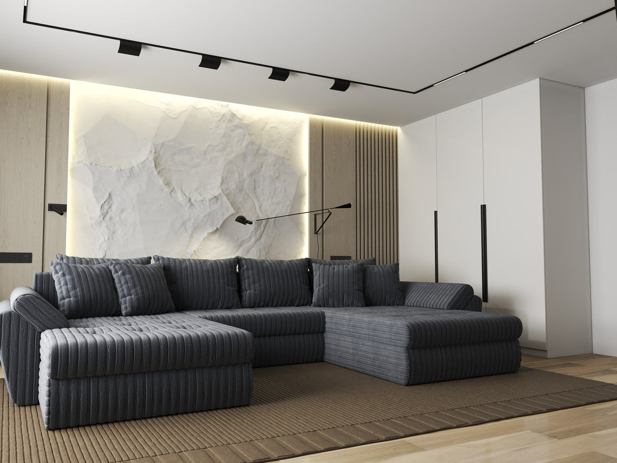 Colțar extensibil dumonde cu ladă de depozitare si sezut confortabil din spuma HR, Loana U Gri Ambience 355x185 cm Fabrica