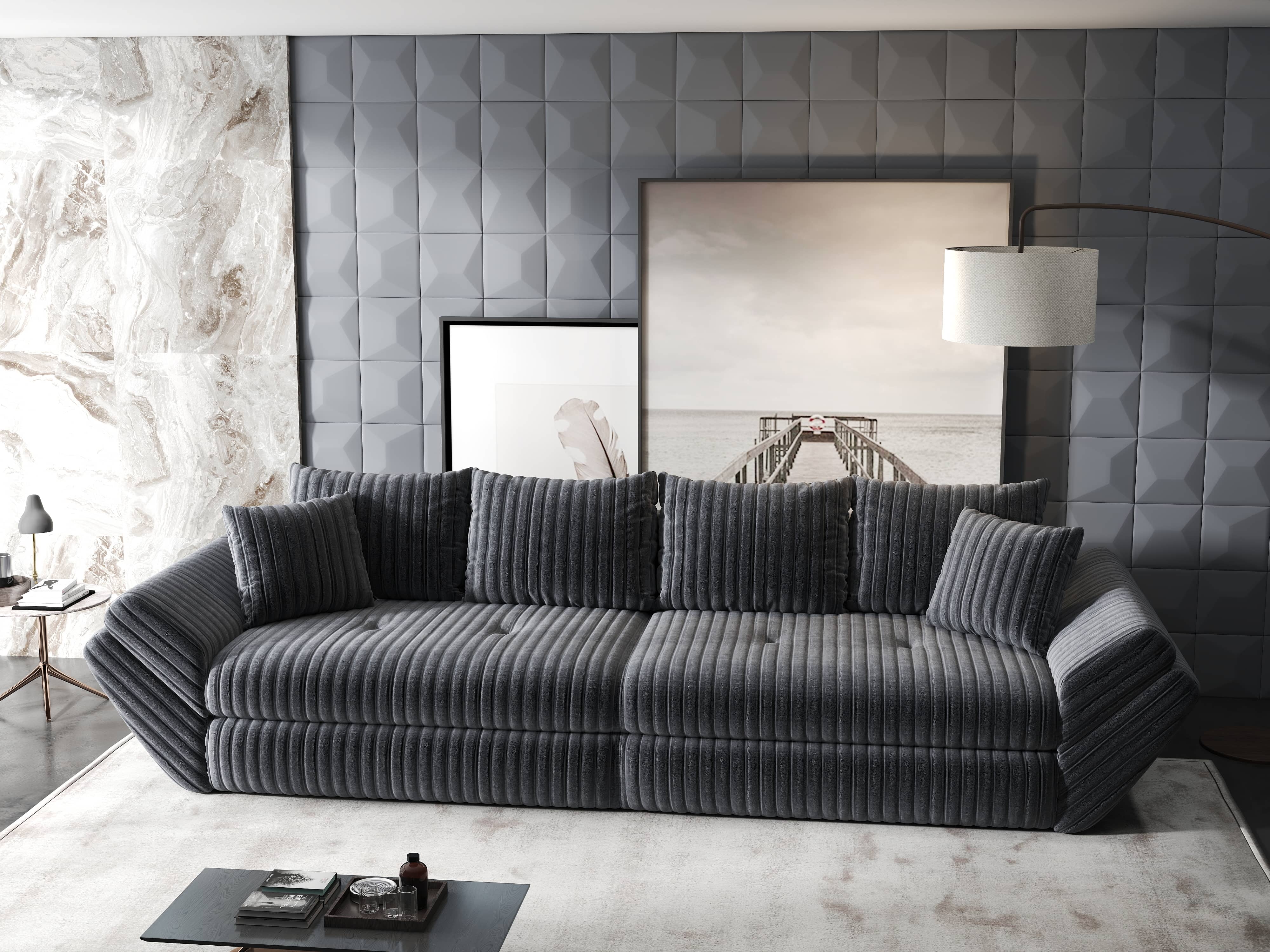 Canapea extensibilă dumonde cu ladă de depozitare si sezut confortabil din spuma HR, Loana Ambience Gri 300x100 cm Fabrica