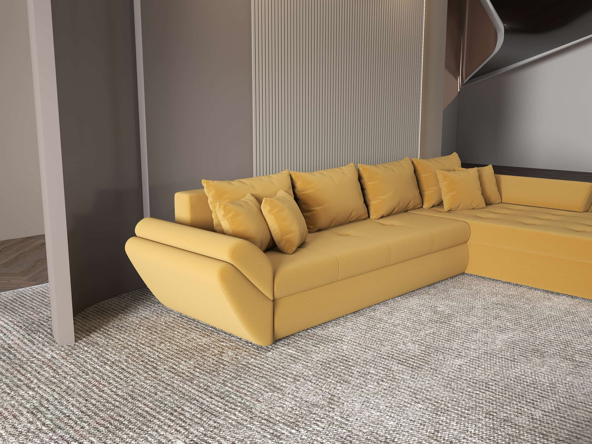 Colțar extensibil dumonde cu ladă de depozitare si sezut confortabil din spuma HR, Loana XL Royal Mustar II 335x185 cm Fabrica