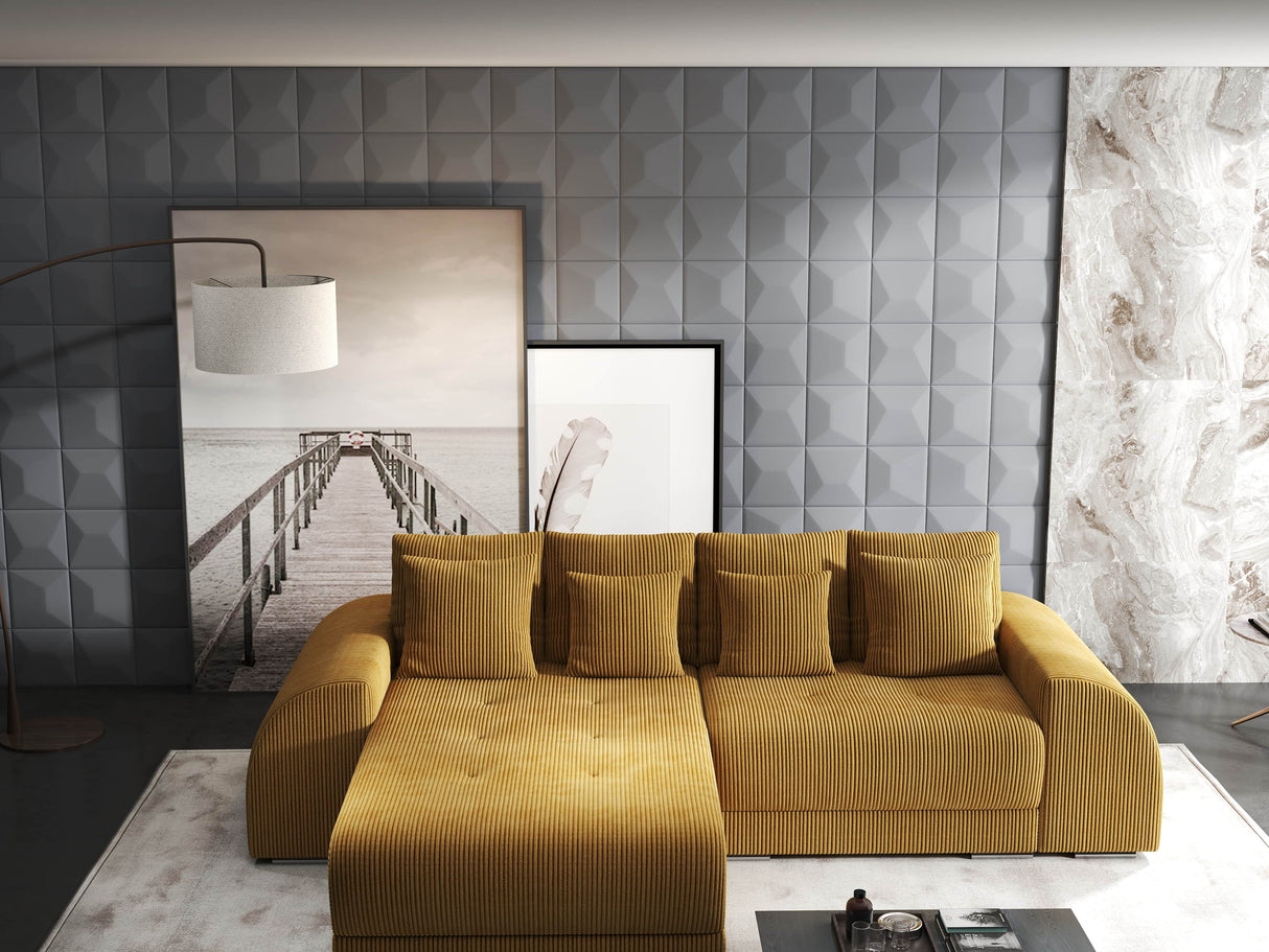 Colțar extensibil dumonde cu ladă de depozitare si sezut confortabil din spuma HR, Verona Zoom Mustar 290x185 cm Fabrica