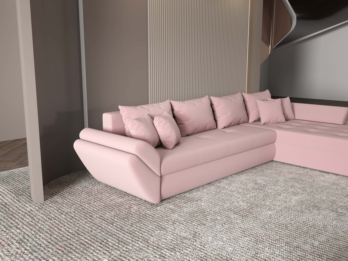 Colțar extensibil dumonde cu ladă de depozitare si sezut confortabil din spuma HR, Loana XL Royal Roz II 335x185 cm Fabrica