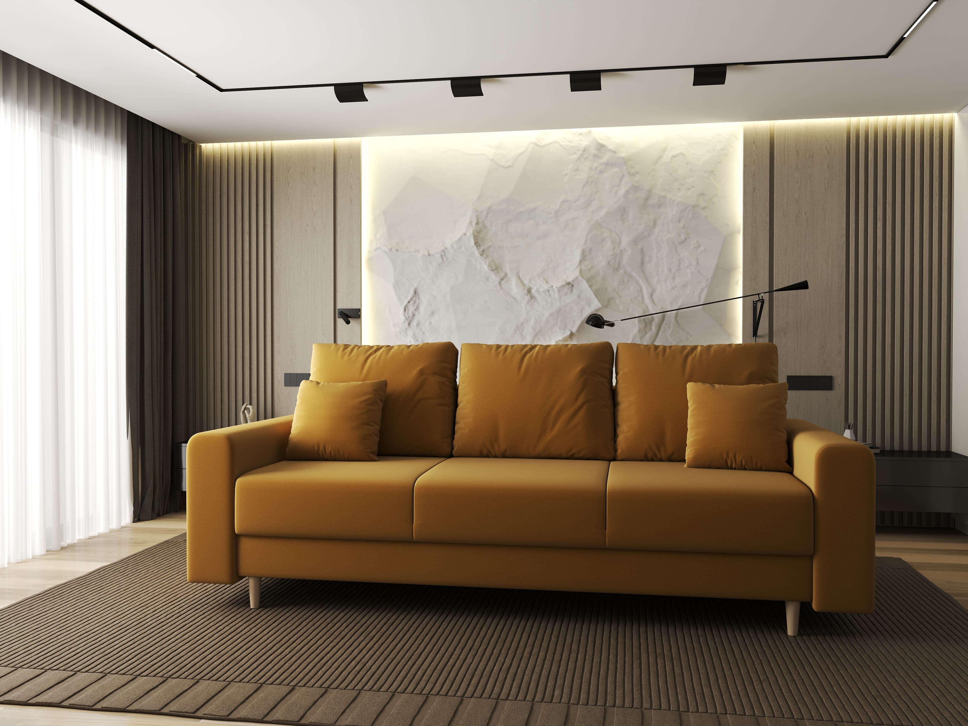 Canapea extensibilă dumonde cu ladă de depozitare si sezut confortabil din spuma HR, Kronos Royal Mustar 210x100 cm fabrica