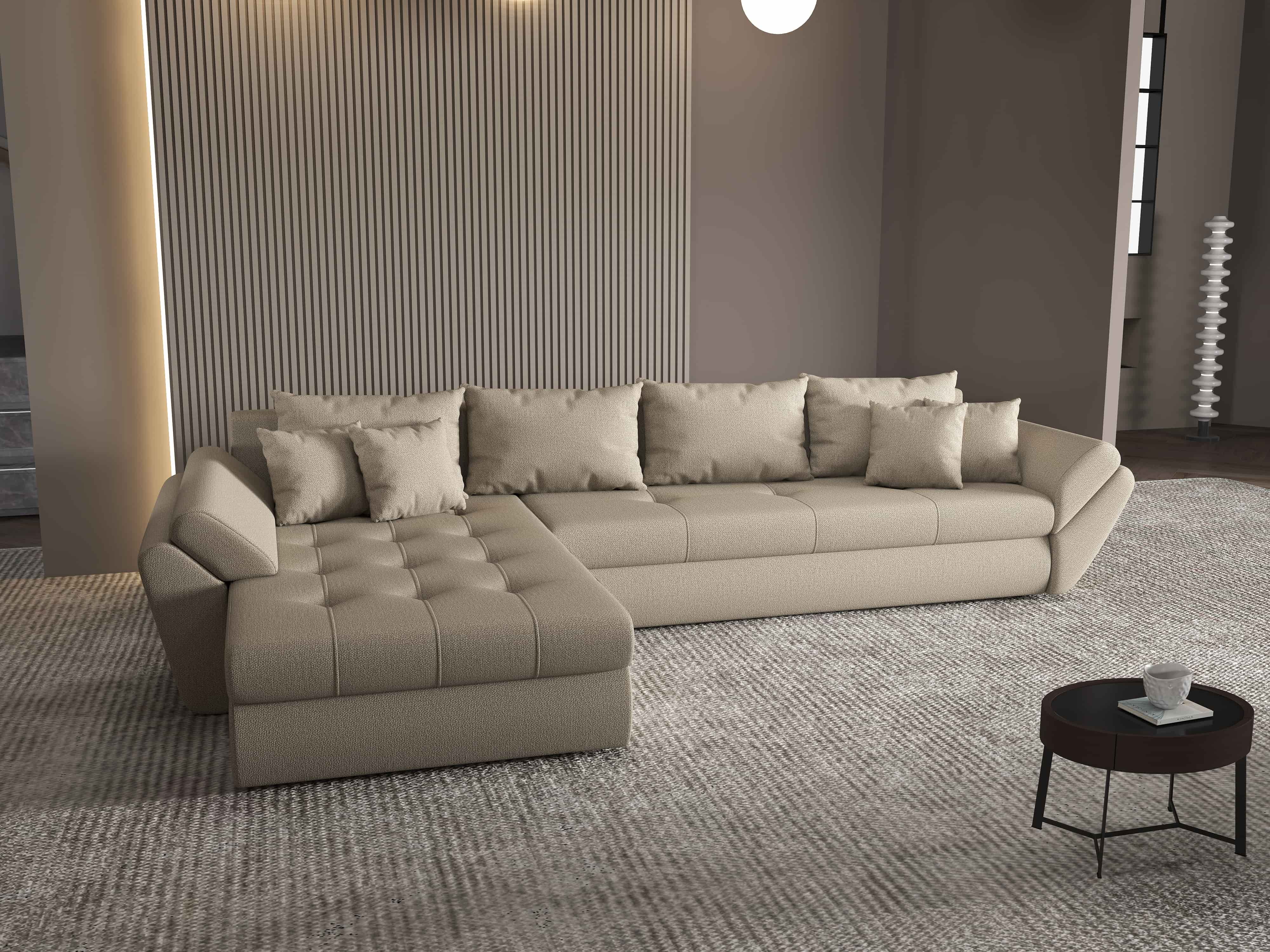Colțar extensibil dumonde cu ladă de depozitare si sezut confortabil din spuma HR, Loana XL Enjoy Camel 335x185 cm Fabrica