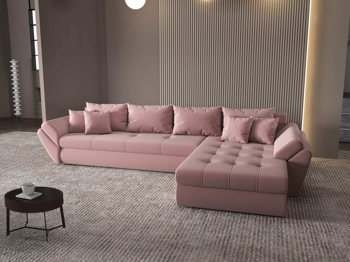 Colțar extensibil dumonde cu ladă de depozitare si sezut confortabil din spuma HR, Loana XL Royal Roz II 335x185 cm Fabrica