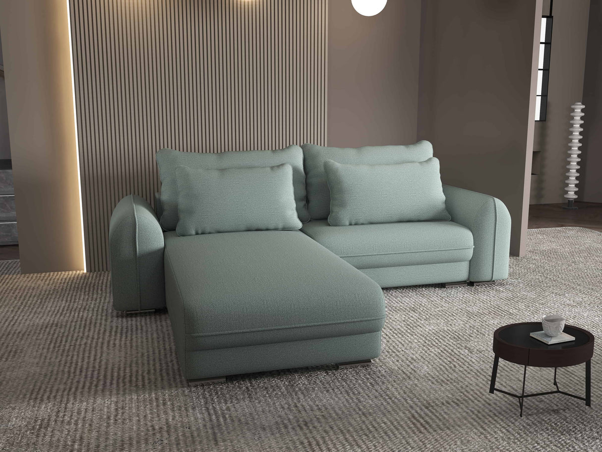 Colțar extensibil dumonde cu ladă de depozitare si sezut confortabil din spuma HR, Denver Enjoy Verde Mint 275x185 cm Fabrica