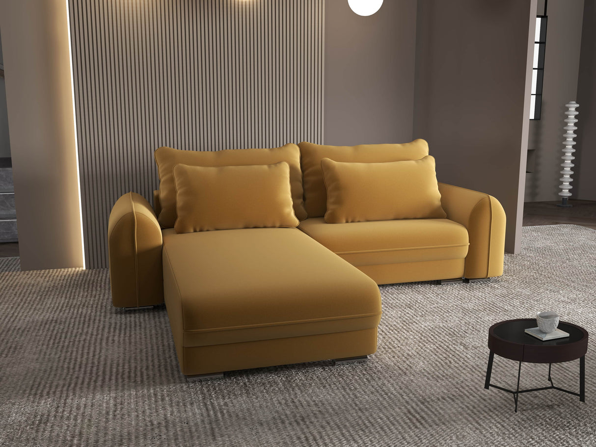 Colțar extensibil dumonde cu ladă de depozitare si sezut confortabil din spuma HR, Denver Royal Mustar 275x185 cm Fabrica