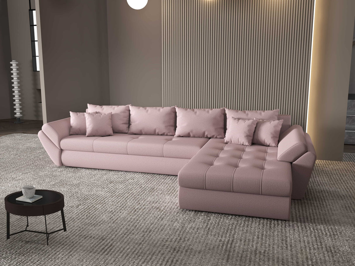 Colțar extensibil dumonde cu ladă de depozitare si sezut confortabil din spuma HR, Loana XL Enjoy Roz II 335x185 cm Fabrica