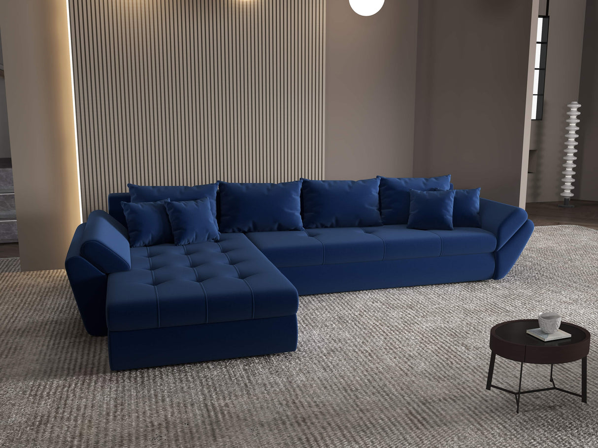 Colțar extensibil dumonde cu ladă de depozitare si sezut confortabil din spuma HR, Loana XL Royal Albastru 335x185 cm Fabrica