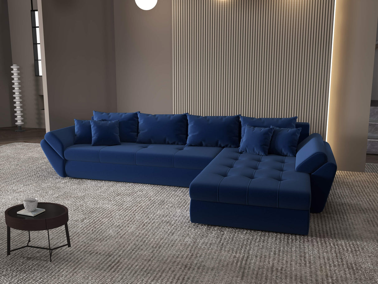 Colțar extensibil dumonde cu ladă de depozitare si sezut confortabil din spuma HR, Loana XL Royal Albastru II 335x185 cm Fabrica