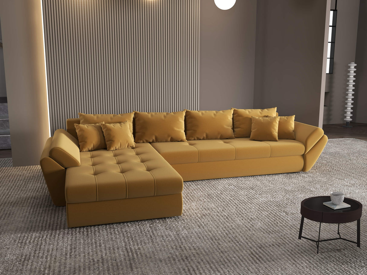 Colțar extensibil dumonde cu ladă de depozitare si sezut confortabil din spuma HR, Loana XL Royal Mustar 335x185 cm Fabrica