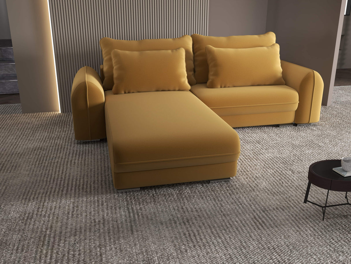 Colțar extensibil dumonde cu ladă de depozitare si sezut confortabil din spuma HR, Denver Royal Mustar 275x185 cm Fabrica