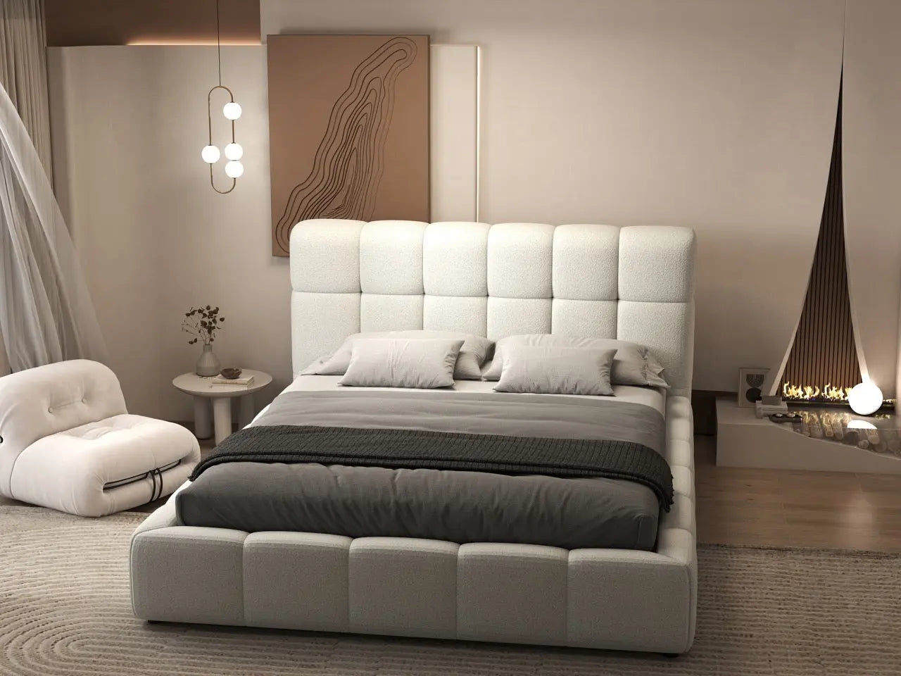 Pat dormitor dumonde, tapitat alb, Lorenzo 160x200 cm, somiera rabatabila inclusa, spatiu depozitare WLS