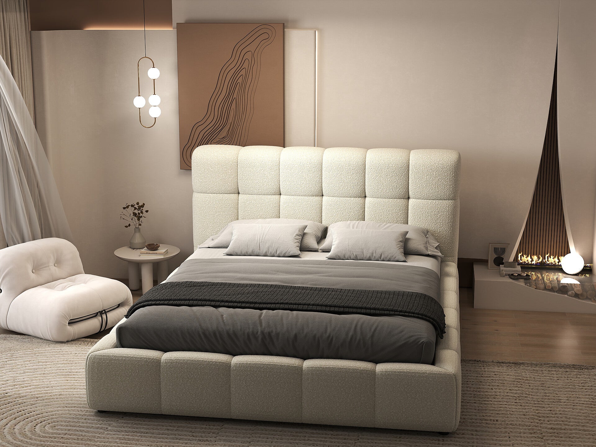 Pat dormitor dumonde, tapitat bej, Lorenzo 160x200 cm, somiera rabatabila inclusa, spatiu depozitare