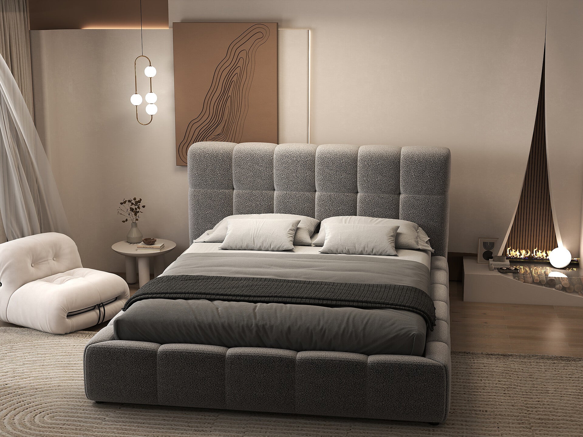 Pat dormitor dumonde, tapitat alb, Lorenzo 160x200 cm, somiera rabatabila inclusa, spatiu depozitare