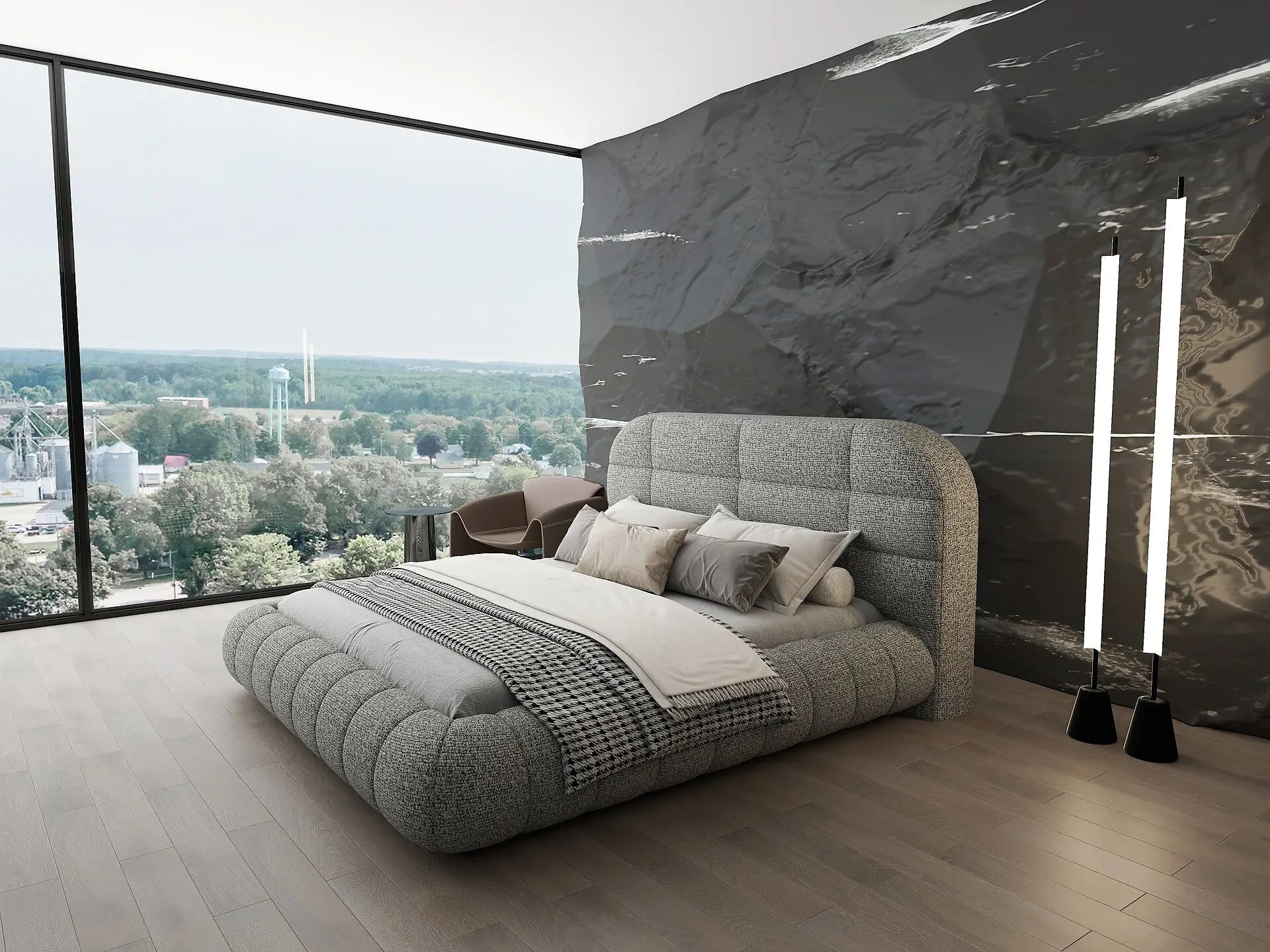 Pat dormitor dumonde, tapitat gri, Senso 180x200 cm, somiera rabatabila inclusa, spatiu depozitare WLS