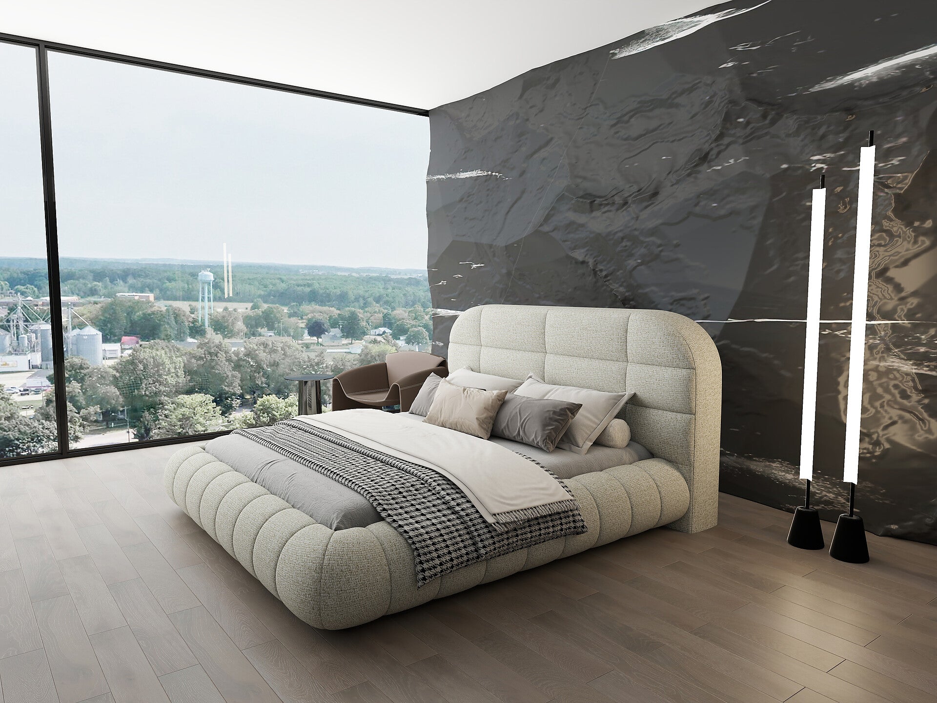 Pat dormitor dumonde, tapitat bej, Senso 180x200 cm, somiera rabatabila inclusa, spatiu depozitare